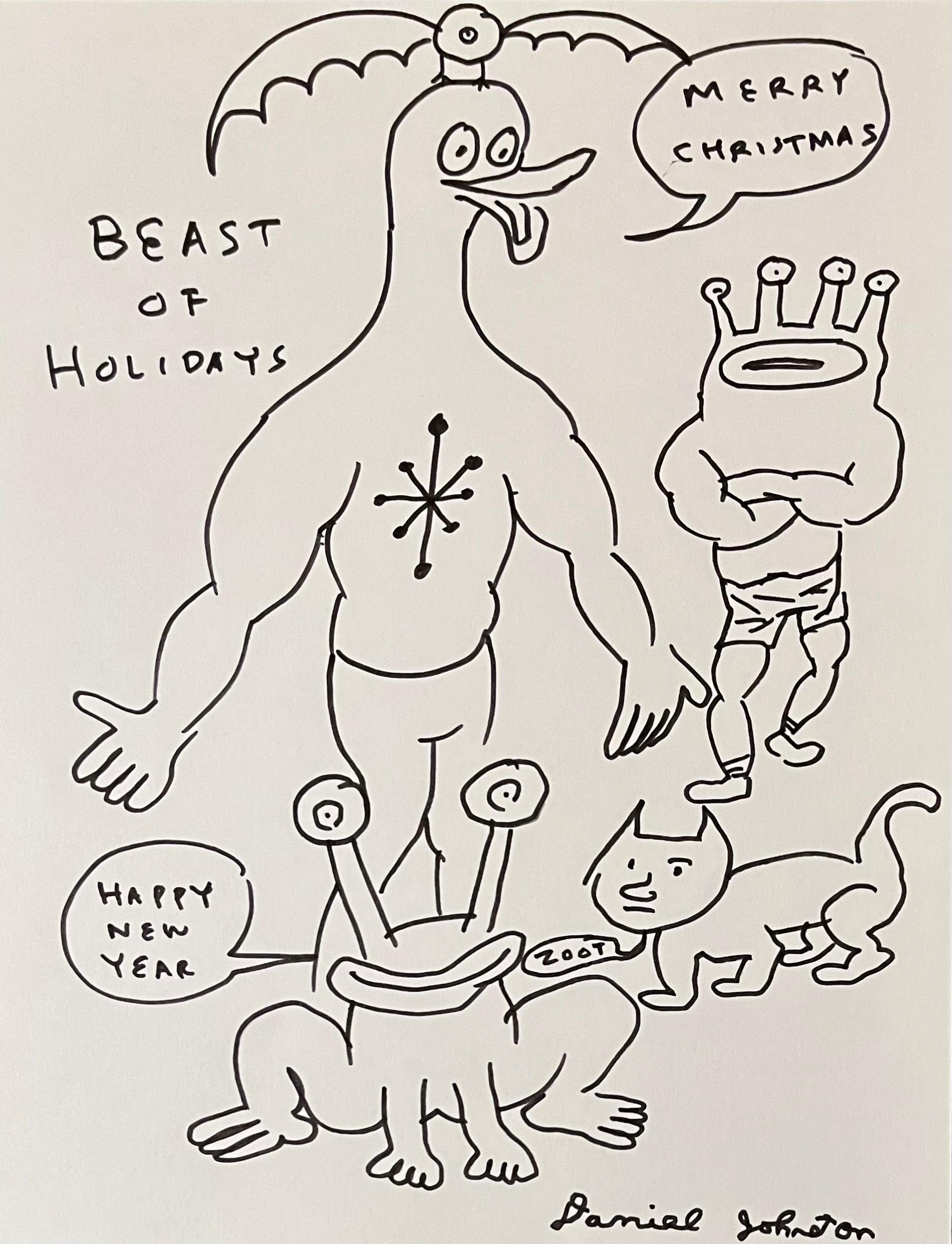 Daniel Johnston Figurative Art - Beast of Holidays - Johnston, Figure Ink Drawing on Paper, Outsider Pop Artist