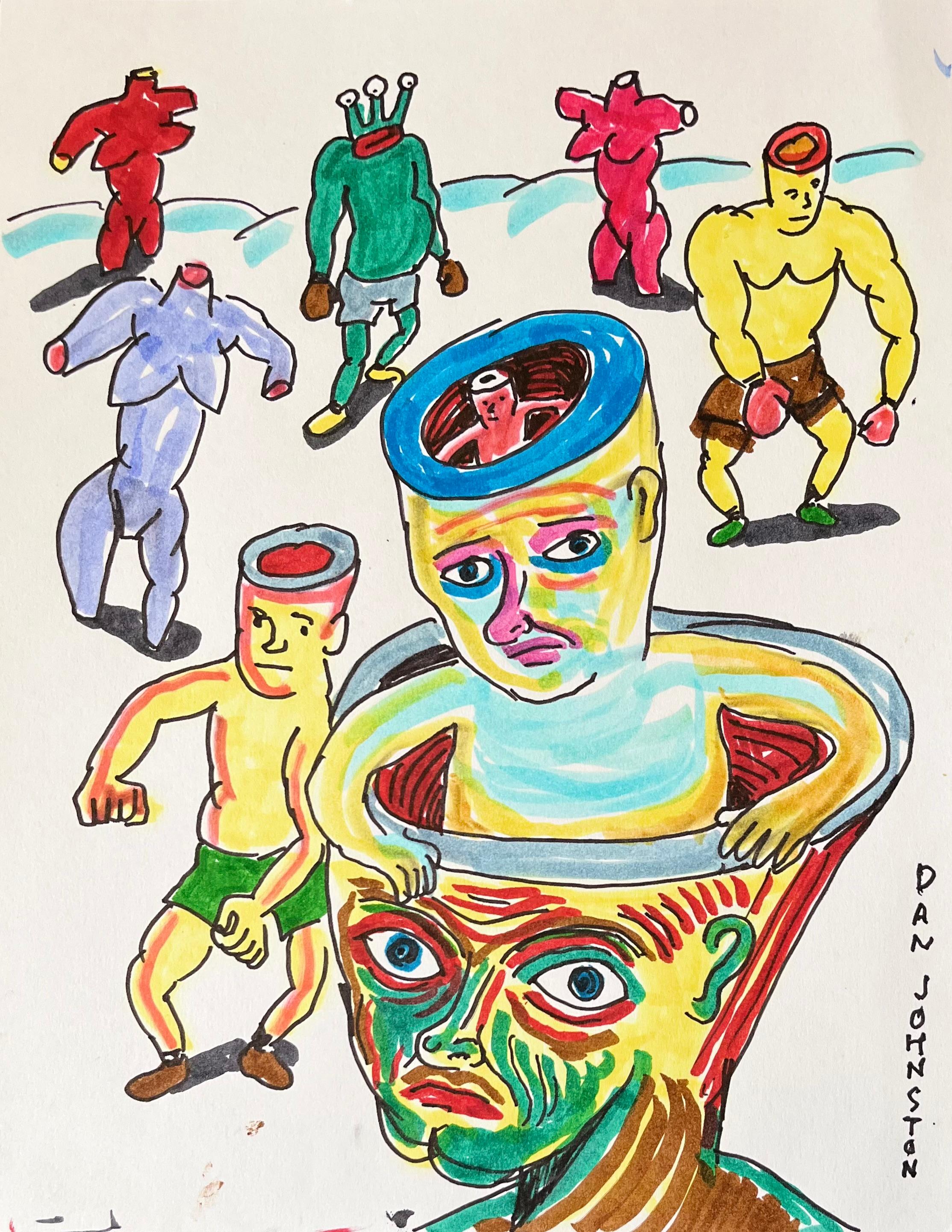 Daniel Johnston Figurative Art - Five Joes, Three Torsos, and a Vile - Ink Drawing on Paper, Outsider Pop Art