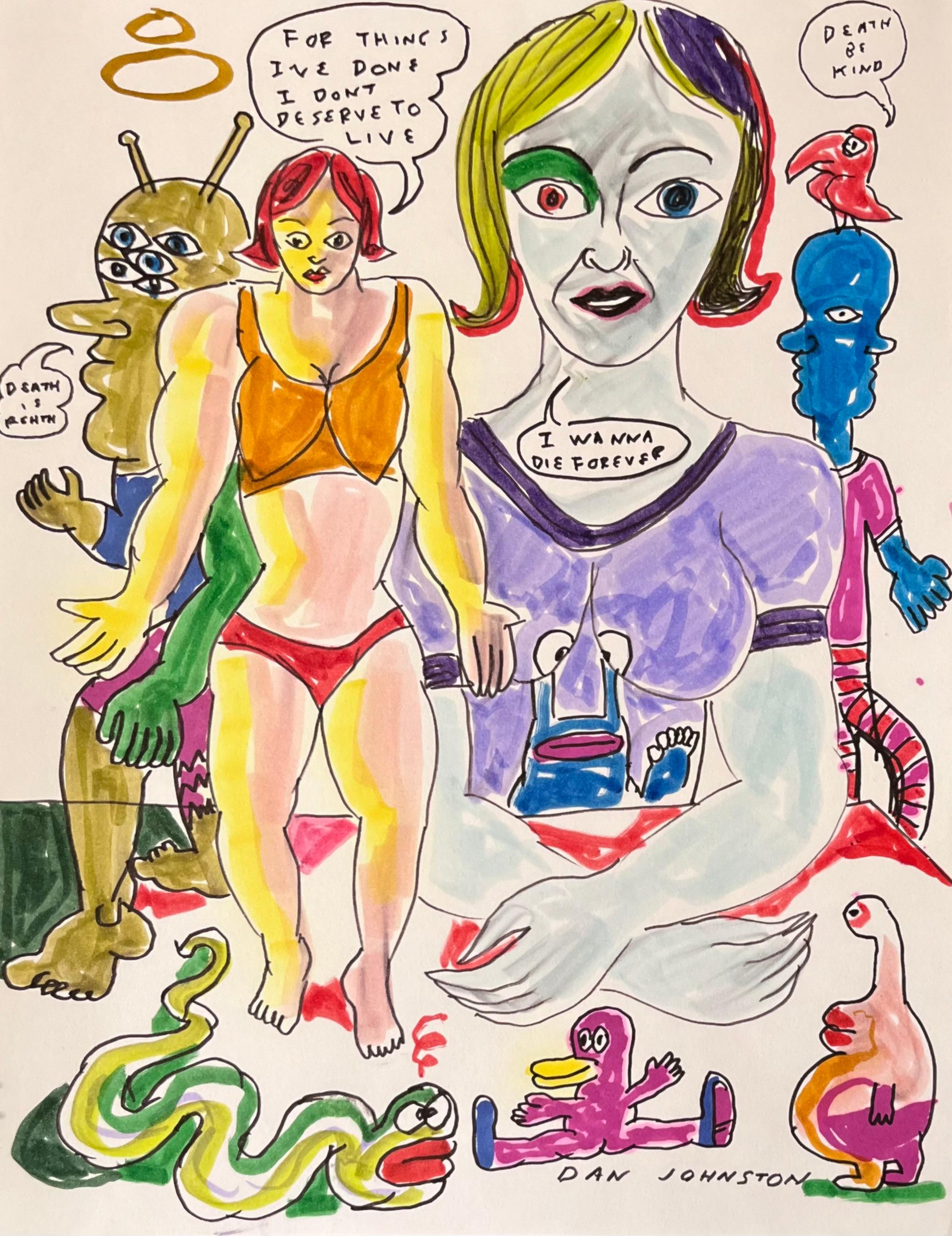 Daniel Johnston was a prolific visual artist and musician. He gained a cult following in the 1990s when Kurt Cobain wore a T-shirt with the artist’s frog illustration from his Hi, How Are You (1983) album cover to the MTV Video Music Awards.