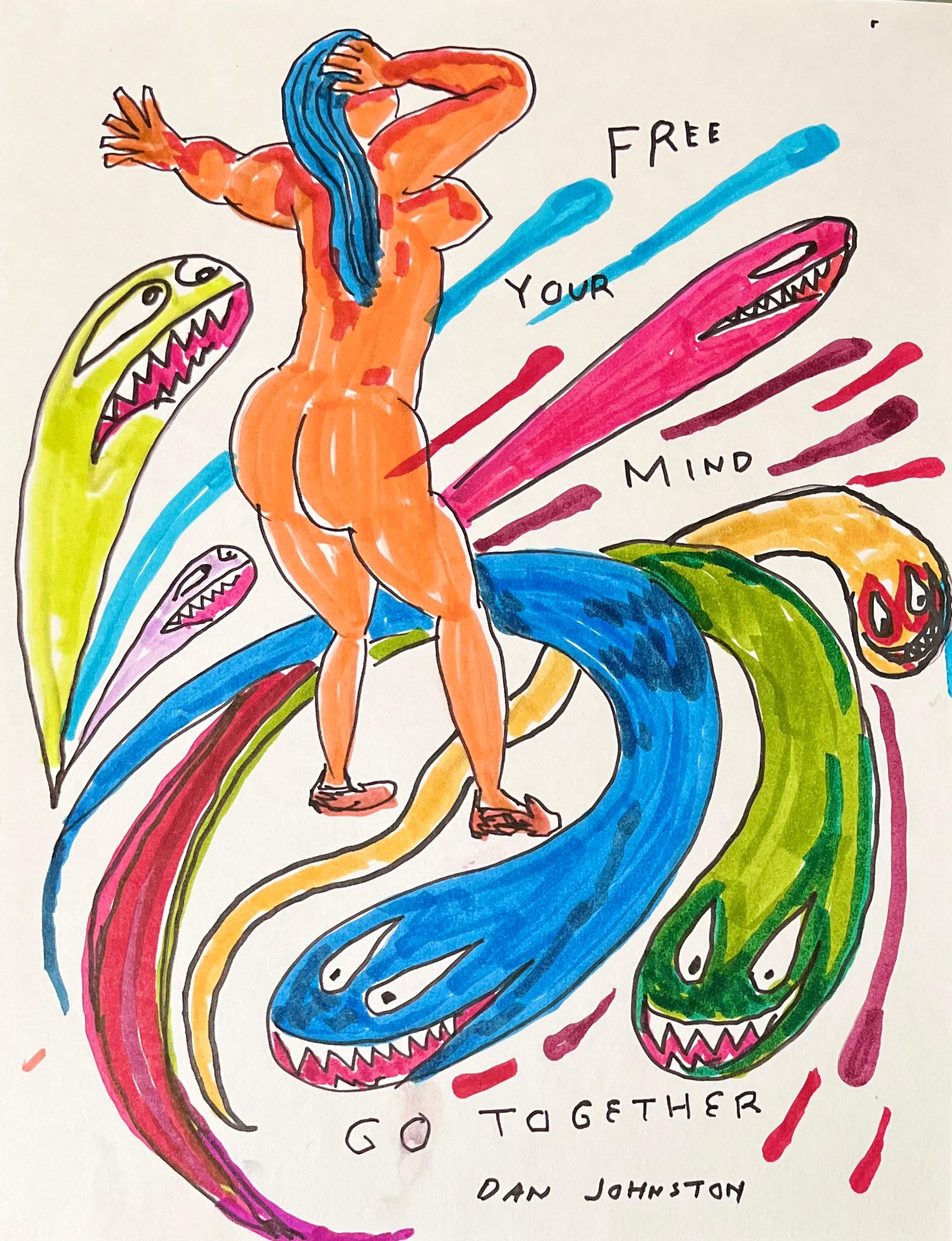 Daniel Johnston was a prolific visual artist and musician. He gained a cult following in the 1990s when Kurt Cobain wore a T-shirt with the artist’s frog illustration from his Hi, How Are You (1983) album cover to the MTV Video Music Awards.