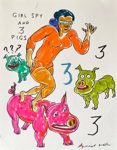 Girl Spy and 3 Pigs - Daniel Johnston, Ink Drawing on Paper, Outsider Pop Artist