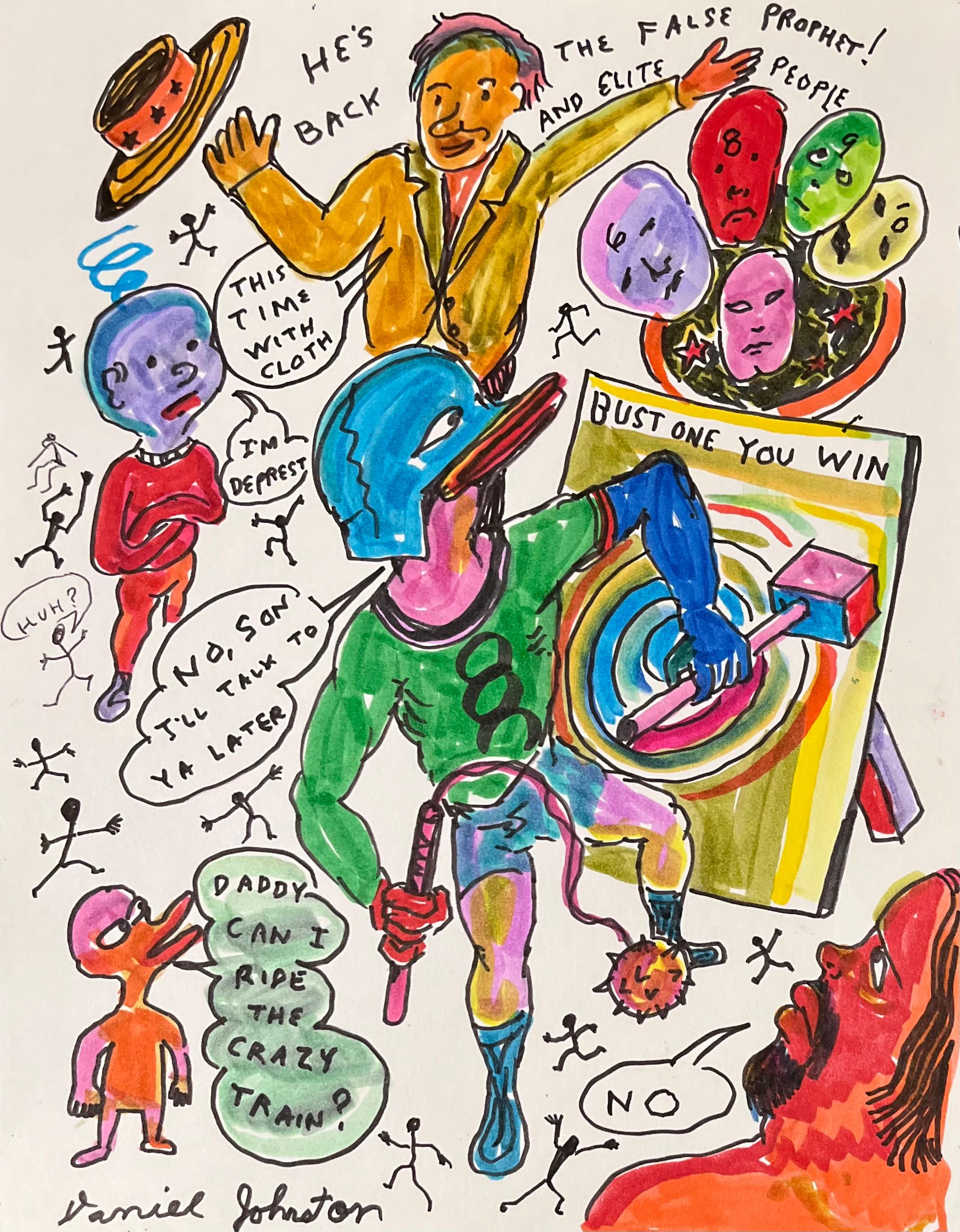 Daniel Johnston was a prolific visual artist and musician. He gained a cult following in the 1990s when Kurt Cobain wore a T-shirt with the artist’s frog illustration from his Hi, How Are You (1983) album cover to the MTV Video Music Awards.