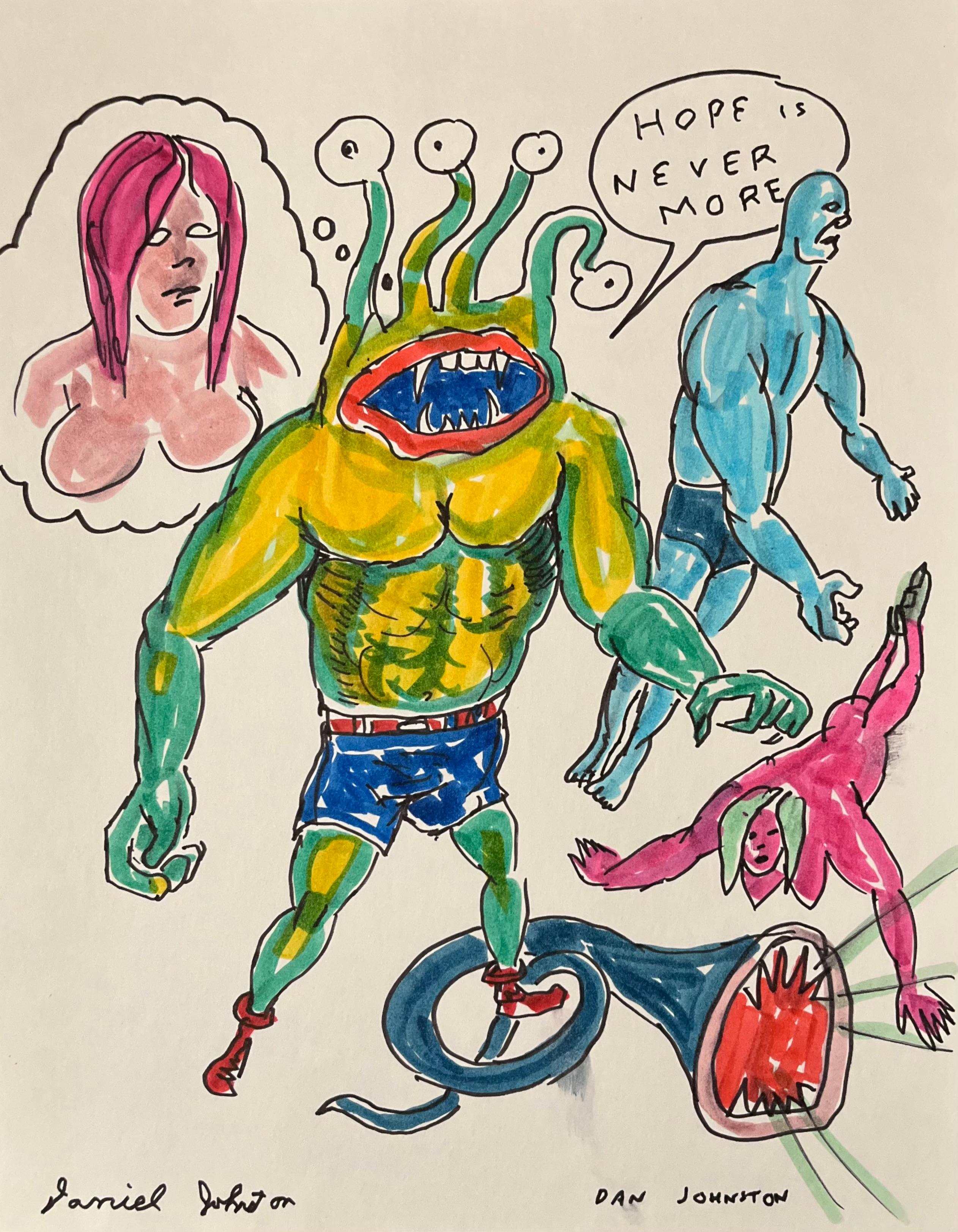 Daniel Johnston was a prolific visual artist and musician. He gained a cult following in the 1990s when Kurt Cobain wore a T-shirt with the artist’s frog illustration from his Hi, How Are You (1983) album cover to the MTV Video Music Awards.