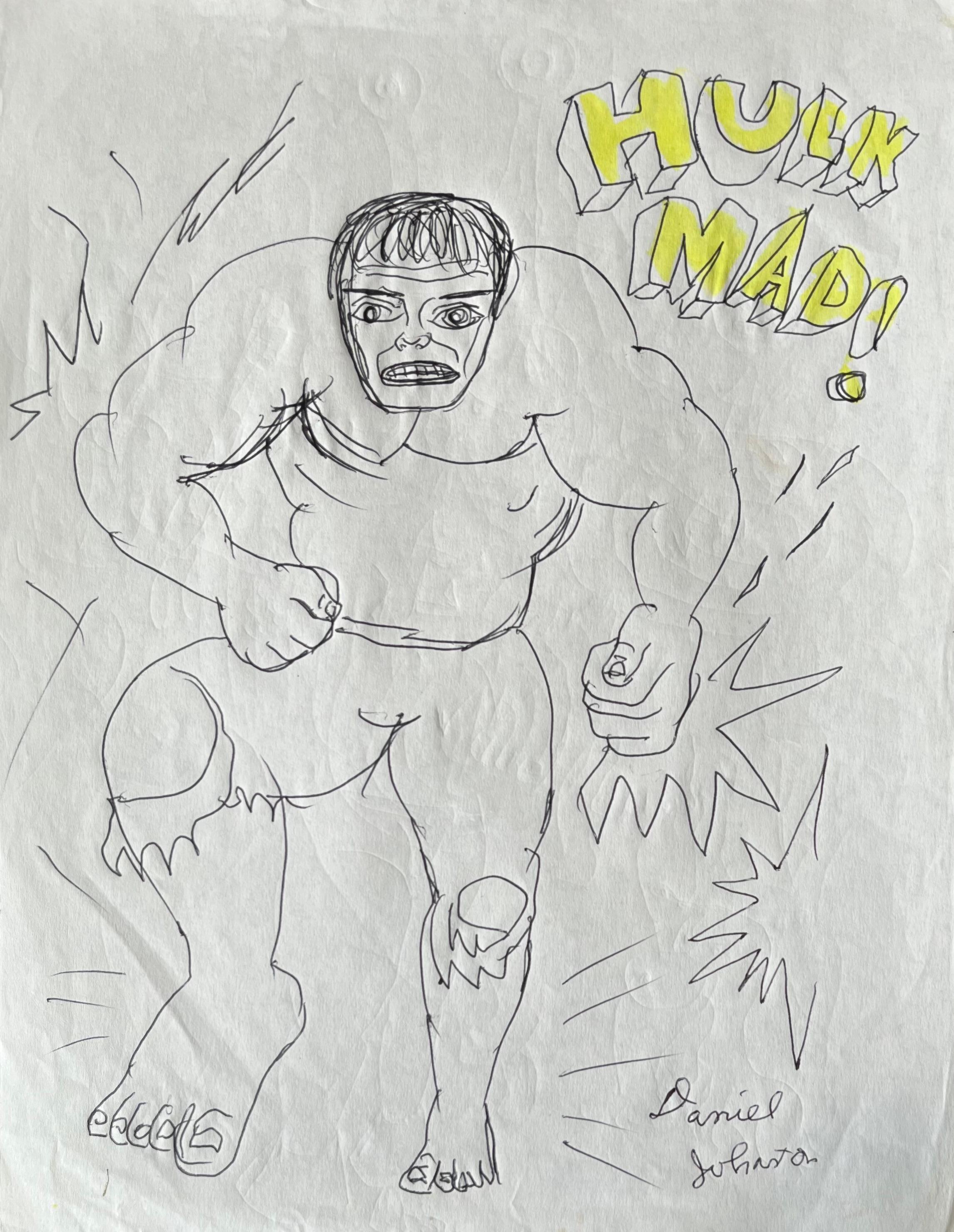 Hulk Mad! - Daniel Johnston, Vintage Ink Drawing on Paper, Outsider Pop Artist