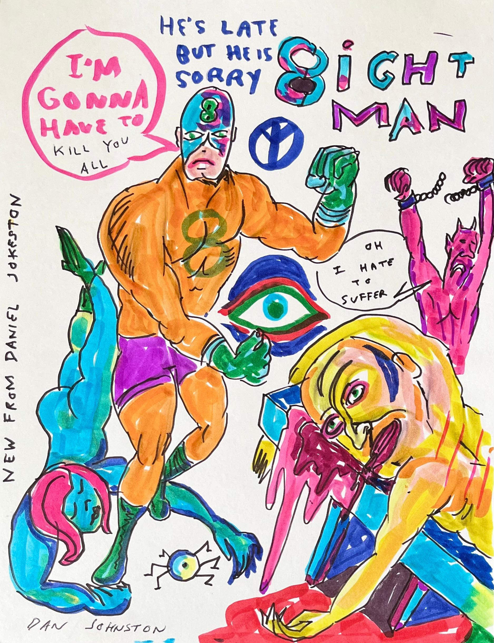 Daniel Johnston was a prolific visual artist and musician. He gained a cult following in the 1990s when Kurt Cobain wore a T-shirt with the artist’s frog illustration from his Hi, How Are You (1983) album cover to the MTV Video Music Awards.