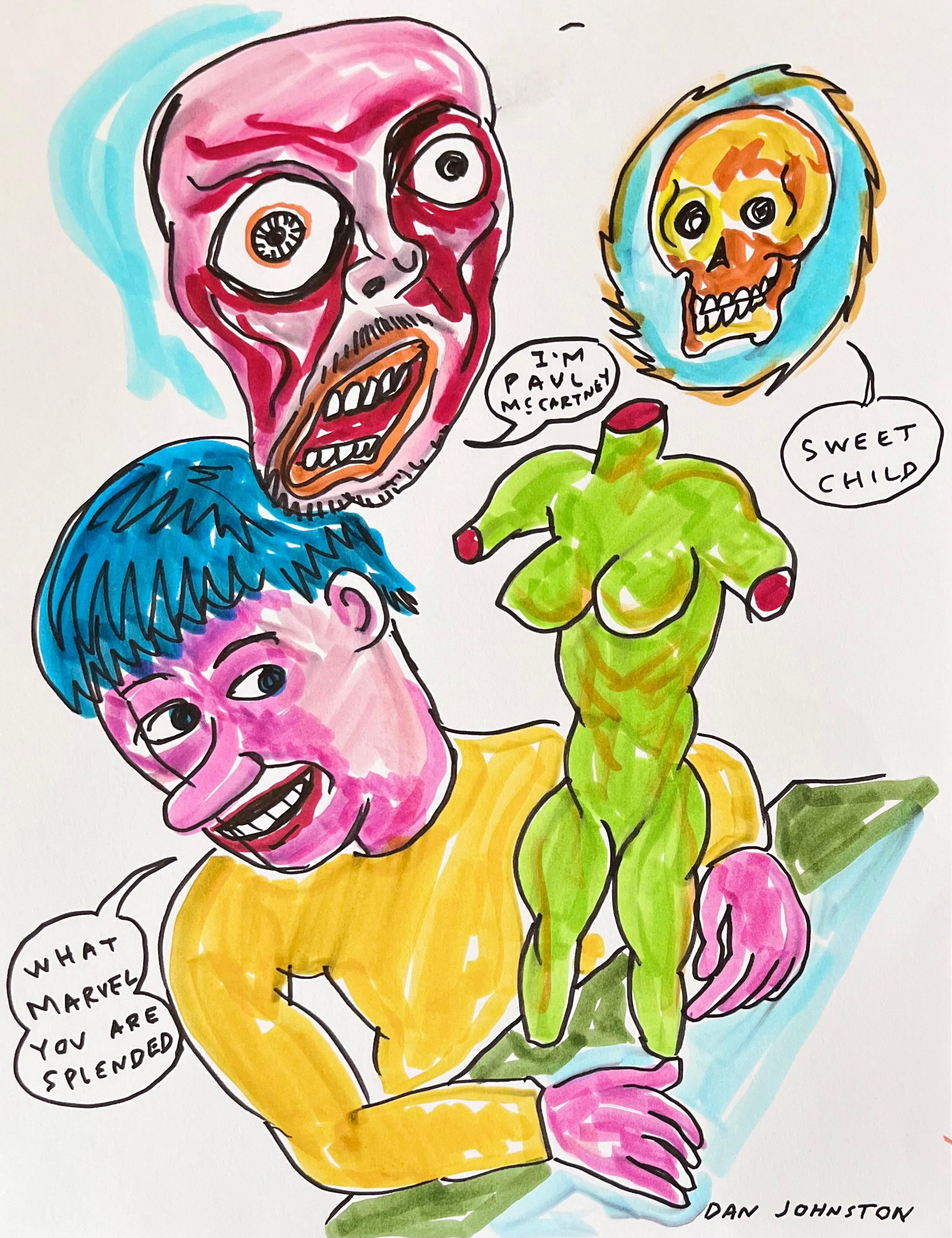 Daniel Johnston was a prolific visual artist and musician. He gained a cult following in the 1990s when Kurt Cobain wore a T-shirt with the artist’s frog illustration from his Hi, How Are You (1983) album cover to the MTV Video Music Awards.