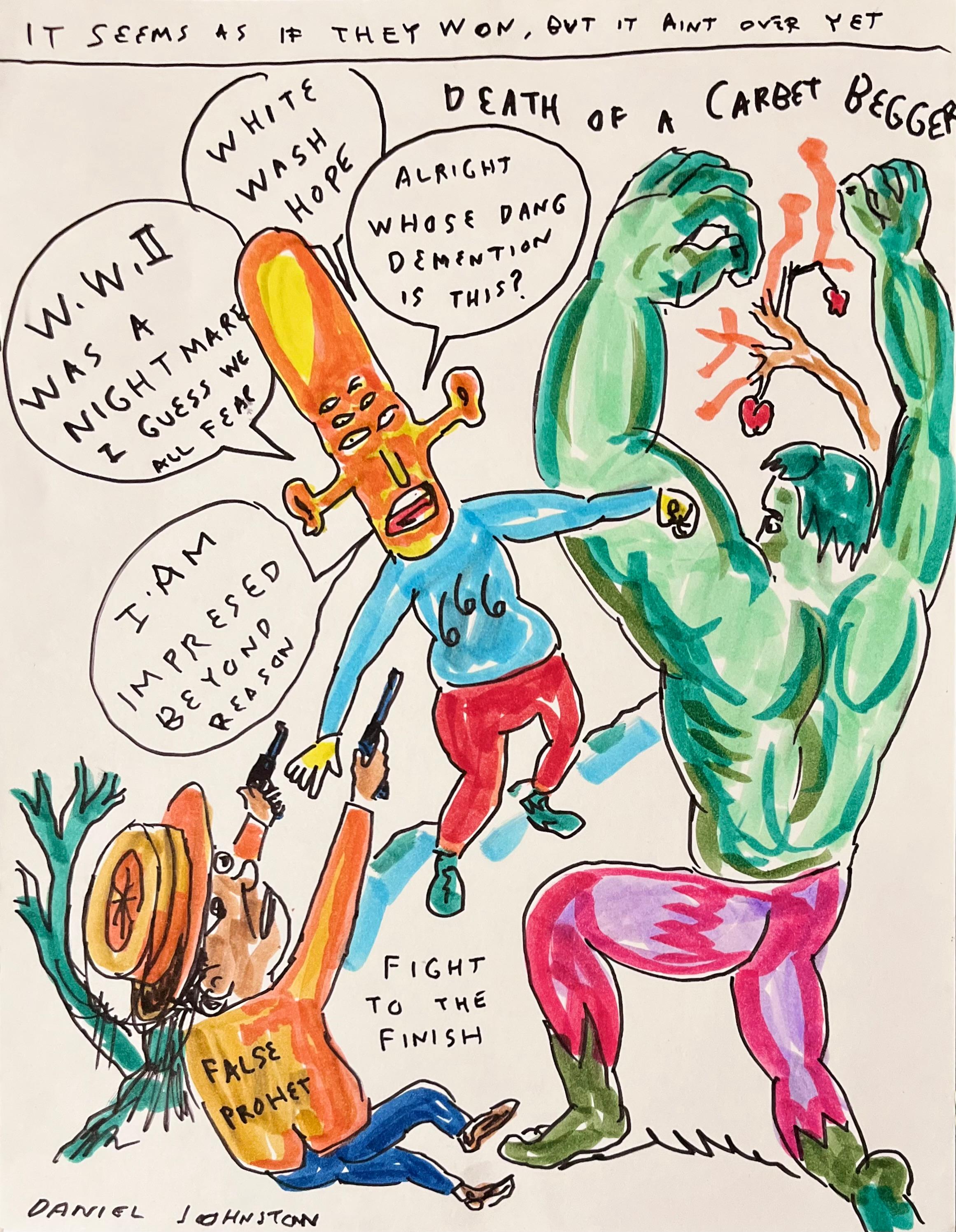 Daniel Johnston was a prolific visual artist and musician. He gained a cult following in the 1990s when Kurt Cobain wore a T-shirt with the artist’s frog illustration from his Hi, How Are You (1983) album cover to the MTV Video Music Awards.