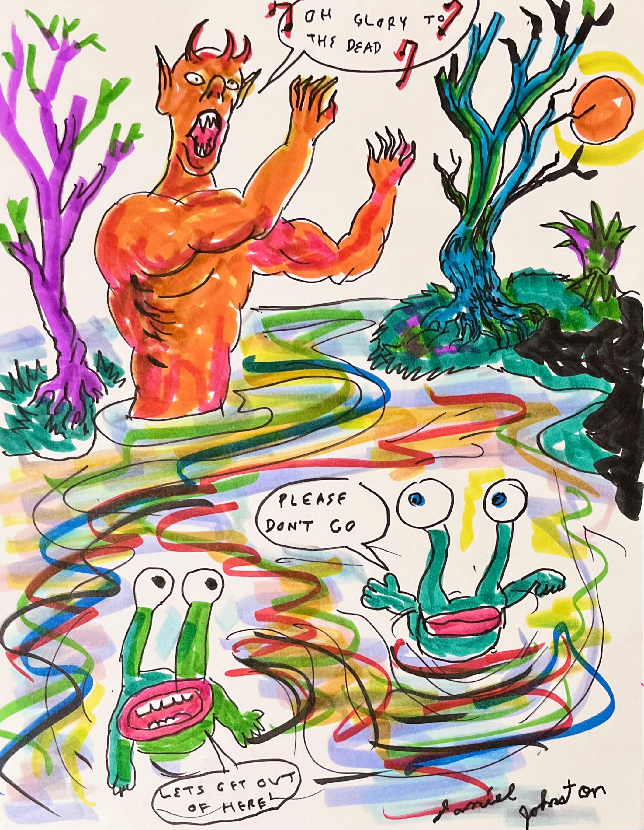 Daniel Johnston was a prolific visual artist and musician. He gained a cult following in the 1990s when Kurt Cobain wore a T-shirt with the artist’s frog illustration from his Hi, How Are You (1983) album cover to the MTV Video Music Awards.