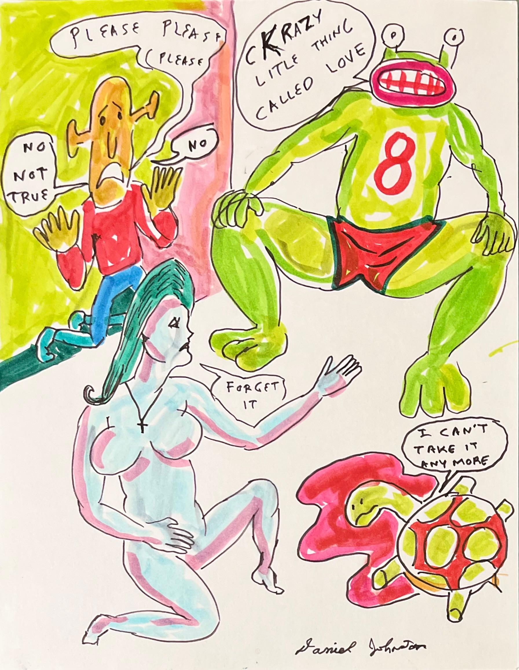 Daniel Johnston was a prolific visual artist and musician. He gained a cult following in the 1990s when Kurt Cobain wore a T-shirt with the artist’s frog illustration from his Hi, How Are You (1983) album cover to the MTV Video Music Awards.