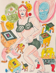 Redhead in Green Bikini - Daniel Johnston, Original Ink Drawing on Paper, TX Art