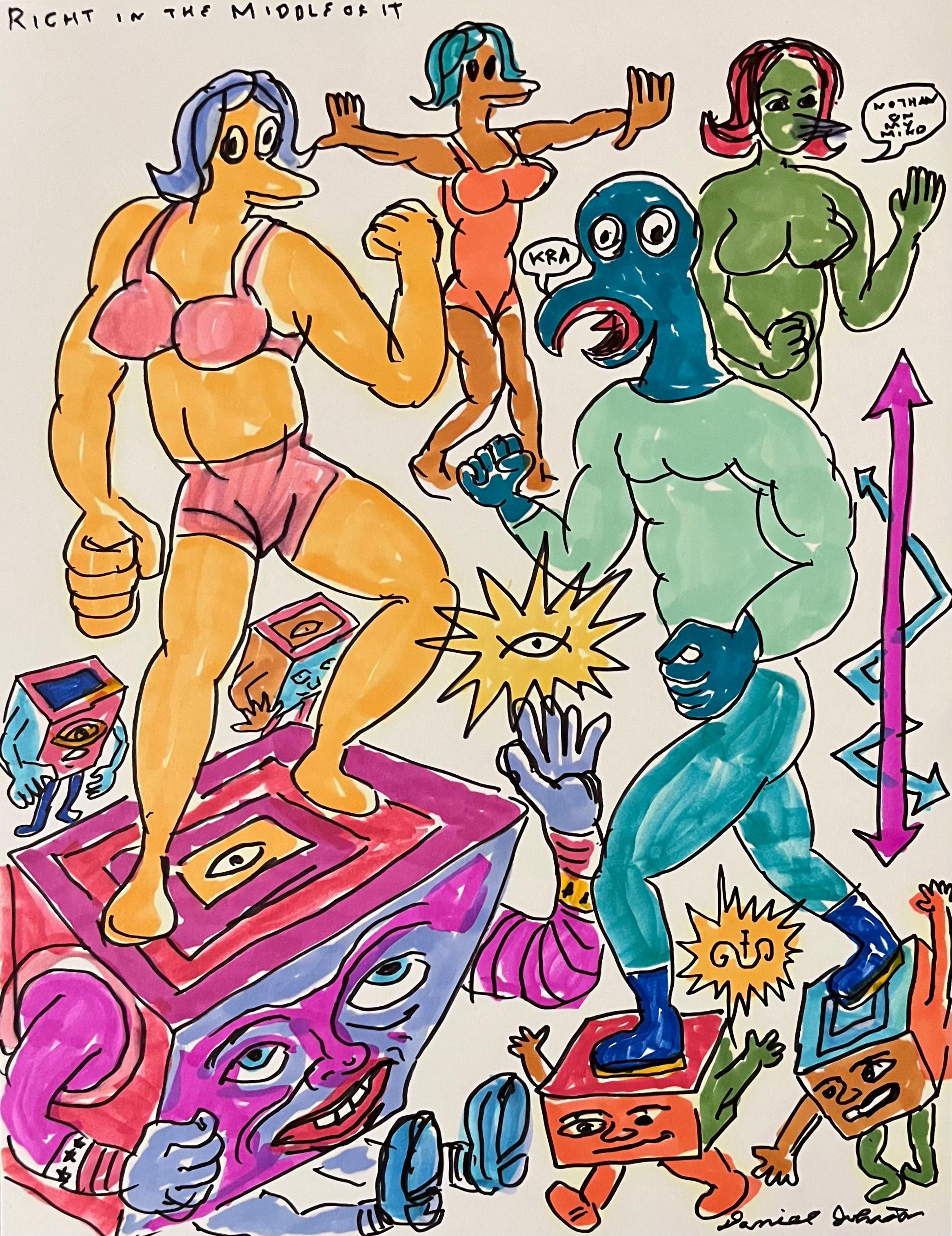 Justo en medio de todo - Daniel Johnston, Dibujo a tinta sobre papel, Artista de Texas