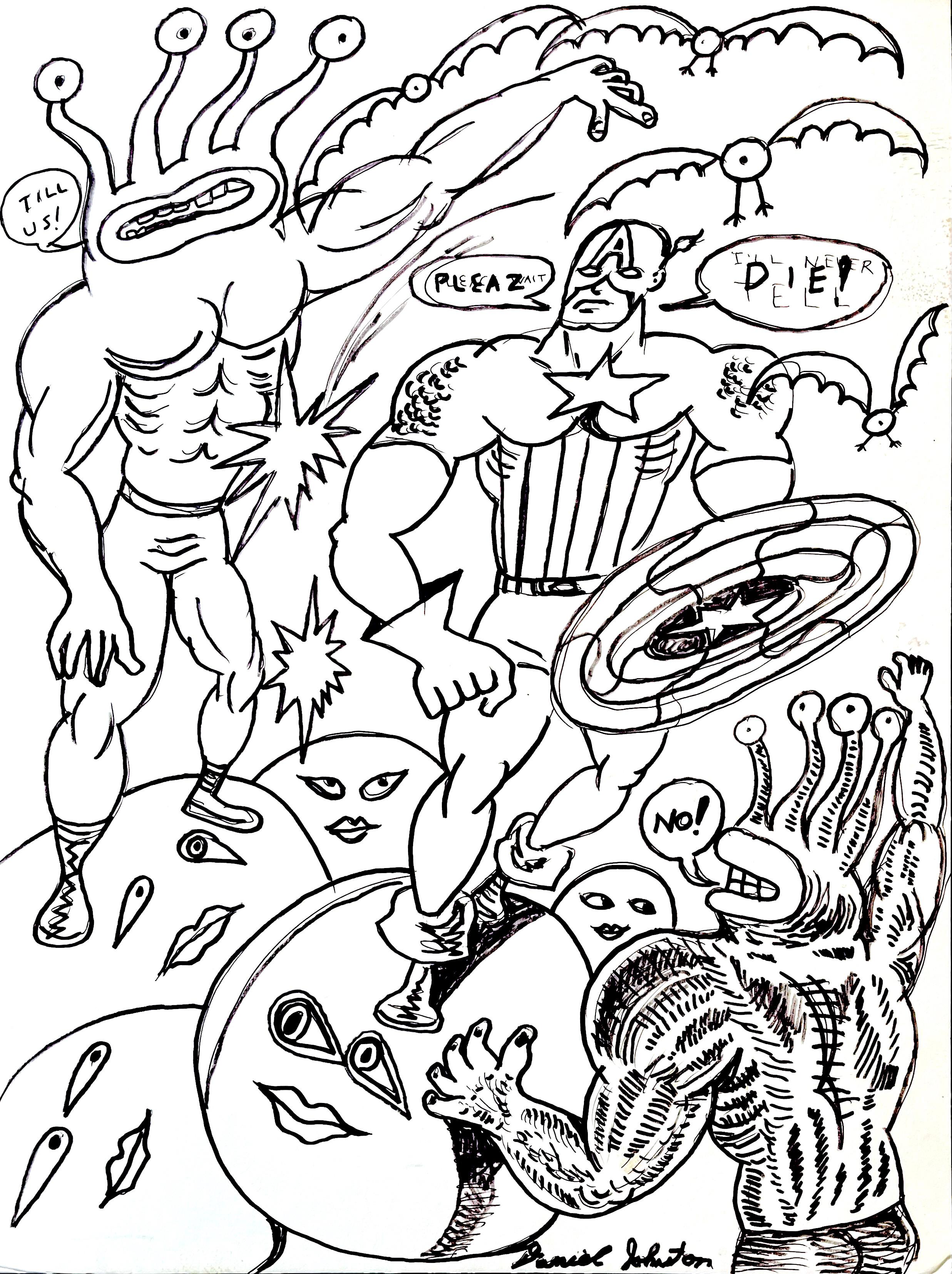 Bis zu uns! Original B/W-Zeichnung von Daniel Johnston, Austin, Texas, Pop-Künstler
