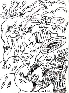 Bis zu uns! Original B/W-Zeichnung von Daniel Johnston, Austin, Texas, Pop-Künstler