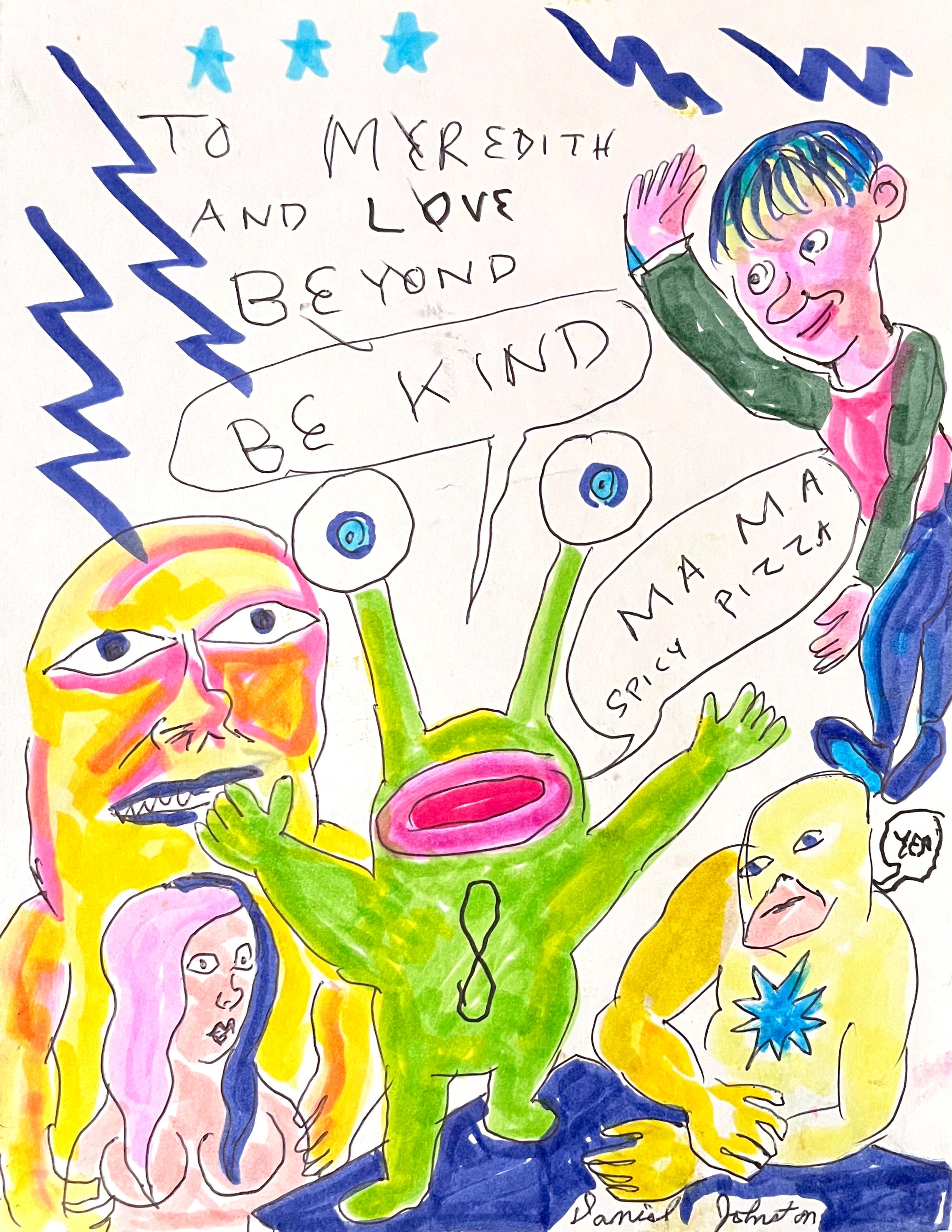 Daniel Johnston was a prolific visual artist and musician. He gained a cult following in the 1990s when Kurt Cobain wore a T-shirt with the artist’s frog illustration from his Hi, How Are You (1983) album cover to the MTV Video Music Awards.