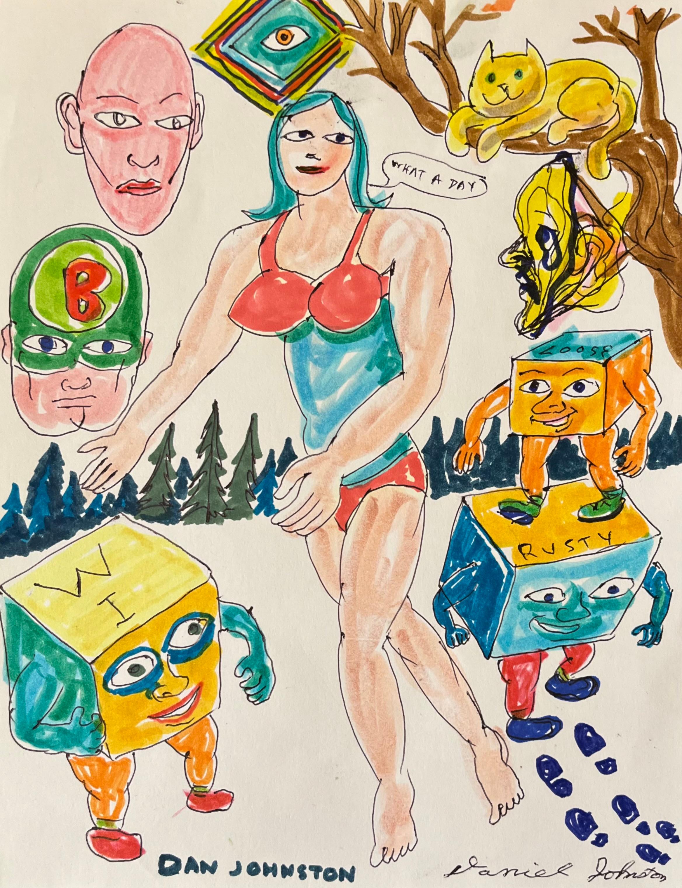 Qué día - Daniel Johnston, Dibujo original sobre papel, Austin, Texas Pop Art