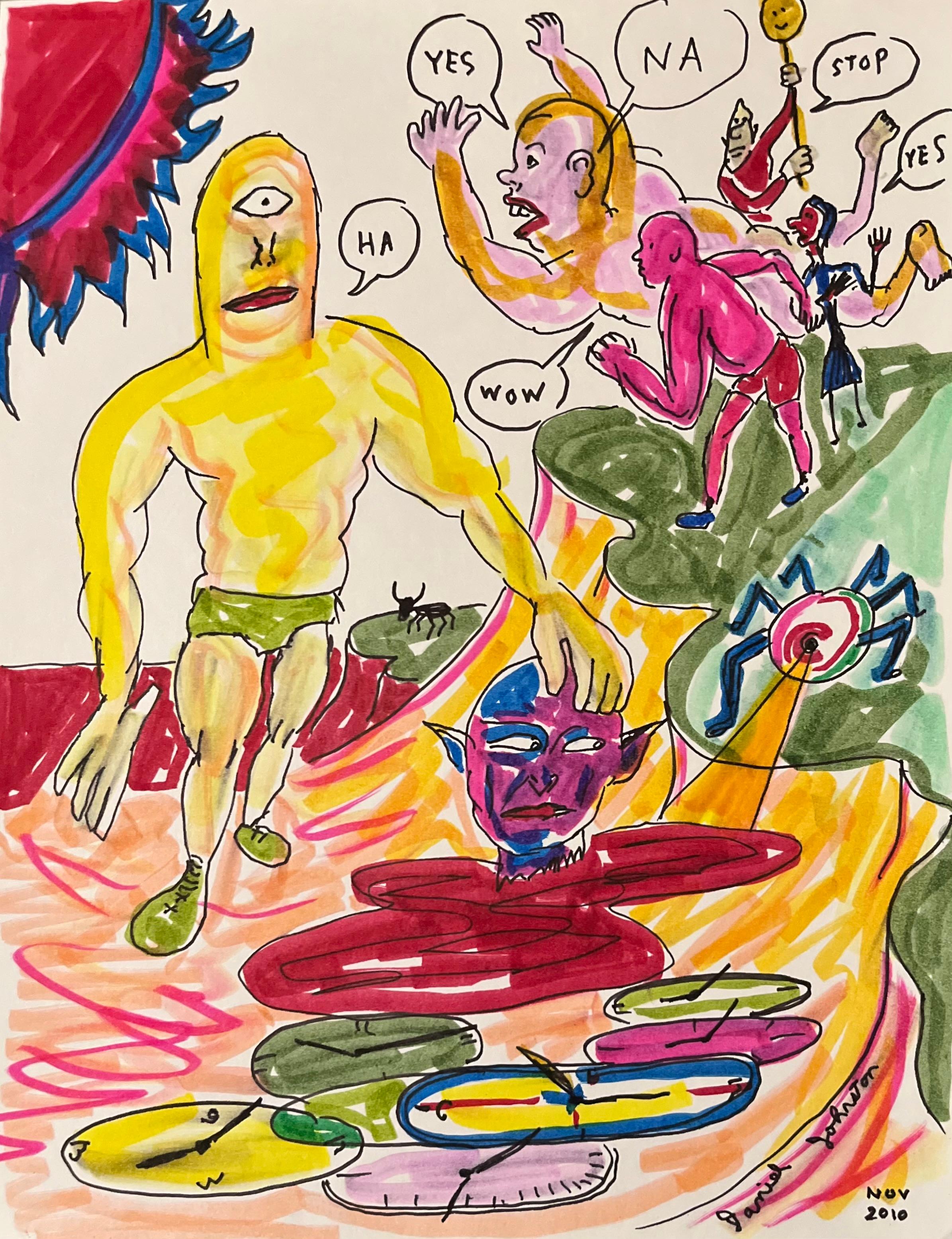 Daniel Johnston was a prolific visual artist and musician. He gained a cult following in the 1990s when Kurt Cobain wore a T-shirt with the artist’s frog illustration from his Hi, How Are You (1983) album cover to the MTV Video Music Awards.