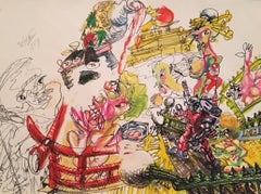 "Sushi Rolls with a Robot Appearing from a Subway Entrance, " - Abstract Drawing