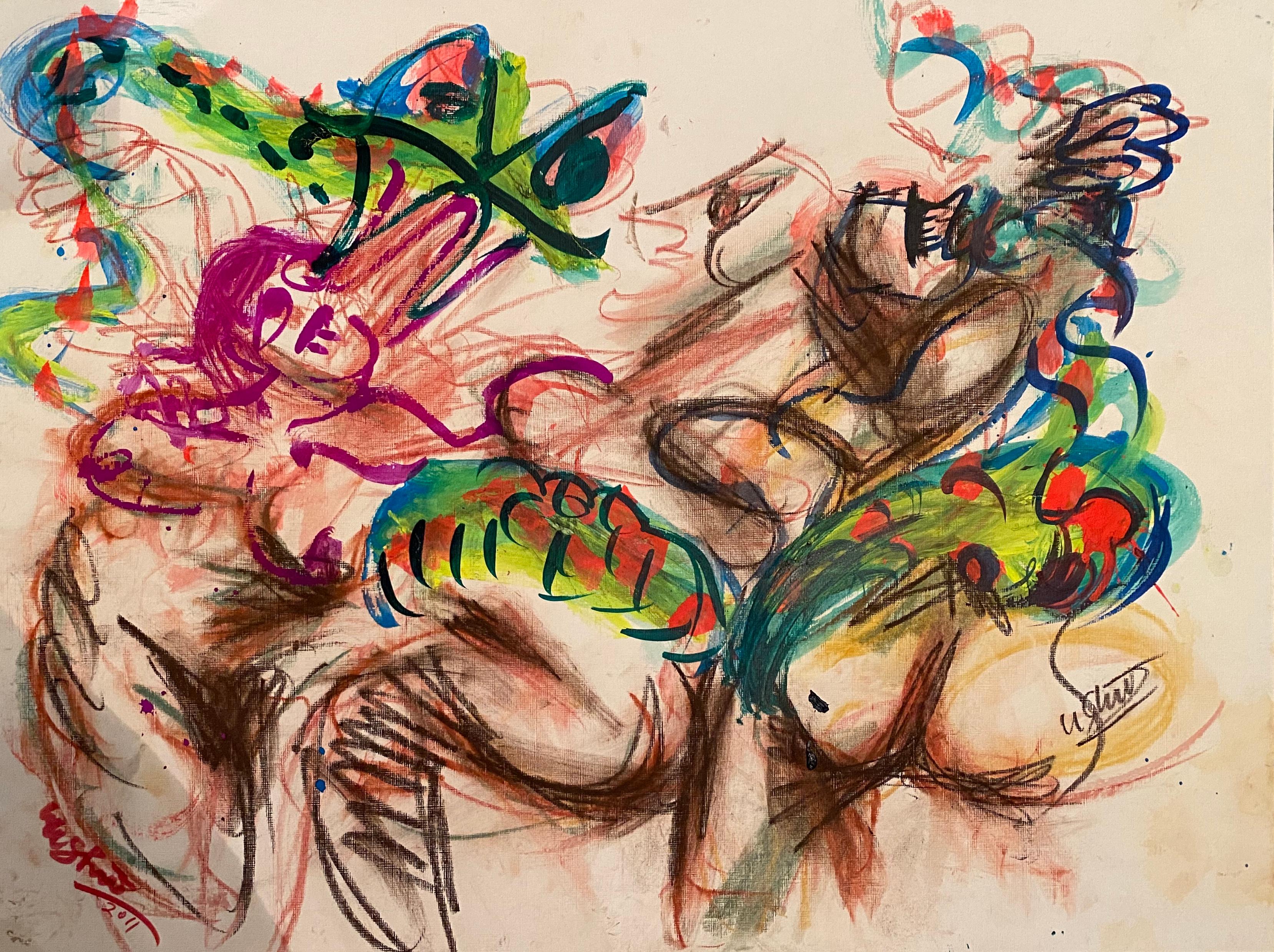 "A Big Snake and Three, " Mixed Media on Paper - Abstract Expressive Drawing - Mixed Media Art by Ushio Shinohara