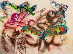 "Una Serpiente Grande y Tres, " Técnica Mixta sobre Papel - Dibujo Expresivo Abstracto