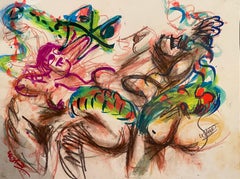 "Un grand serpent et trois", Médias mixtes sur papier - Dessin expressif abstrait