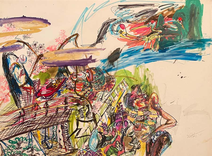 "Princess Is Welcoming a Crane, " Mixed Media on Paper - Expressive Drawing