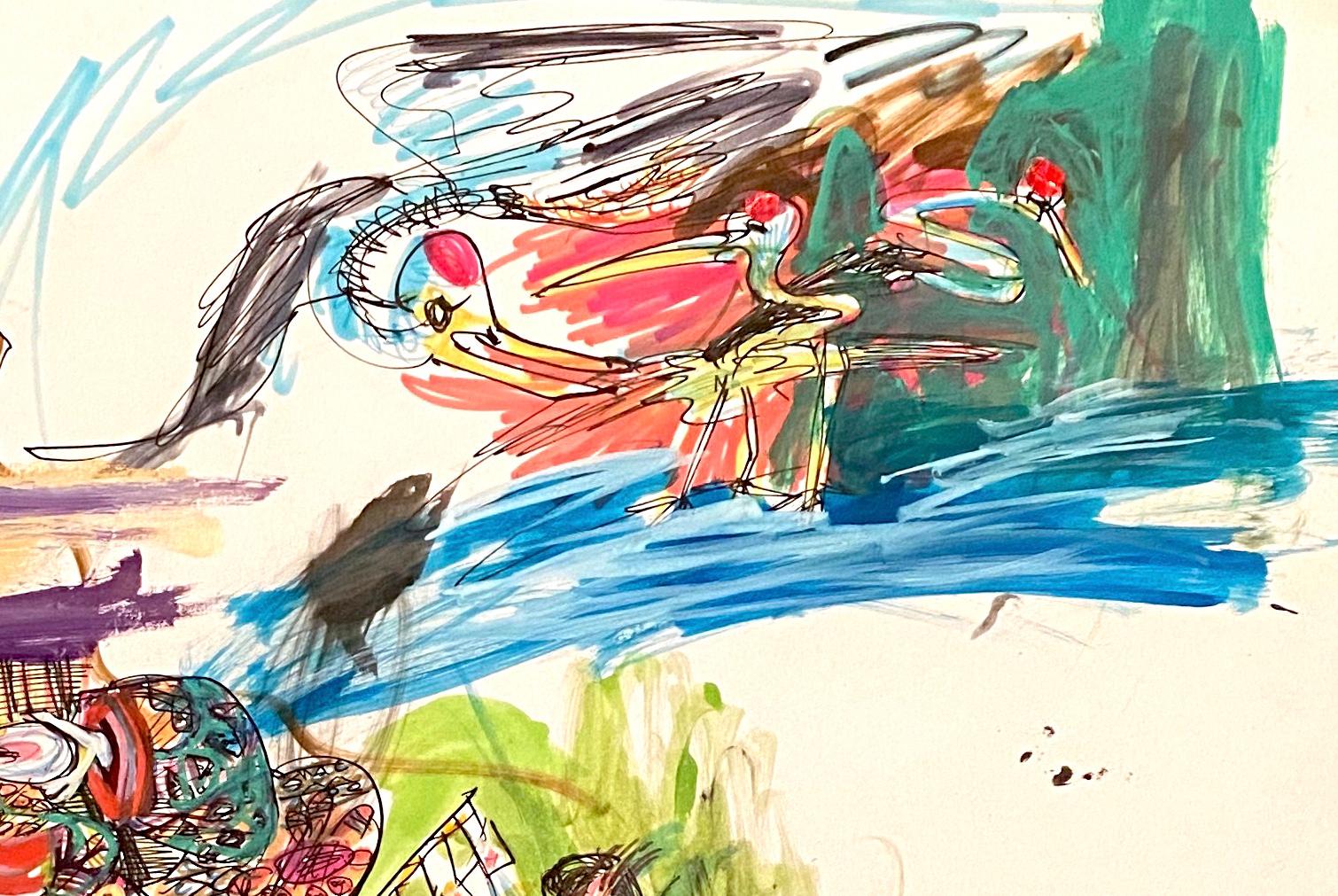 « Printcess Is Welcoming a Crane », technique mixte sur papier - dessin expressif - Art de Ushio Shinohara