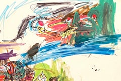 "Princess Is Welcoming a Crane, " Mixed Media on Paper - Expressive Drawing