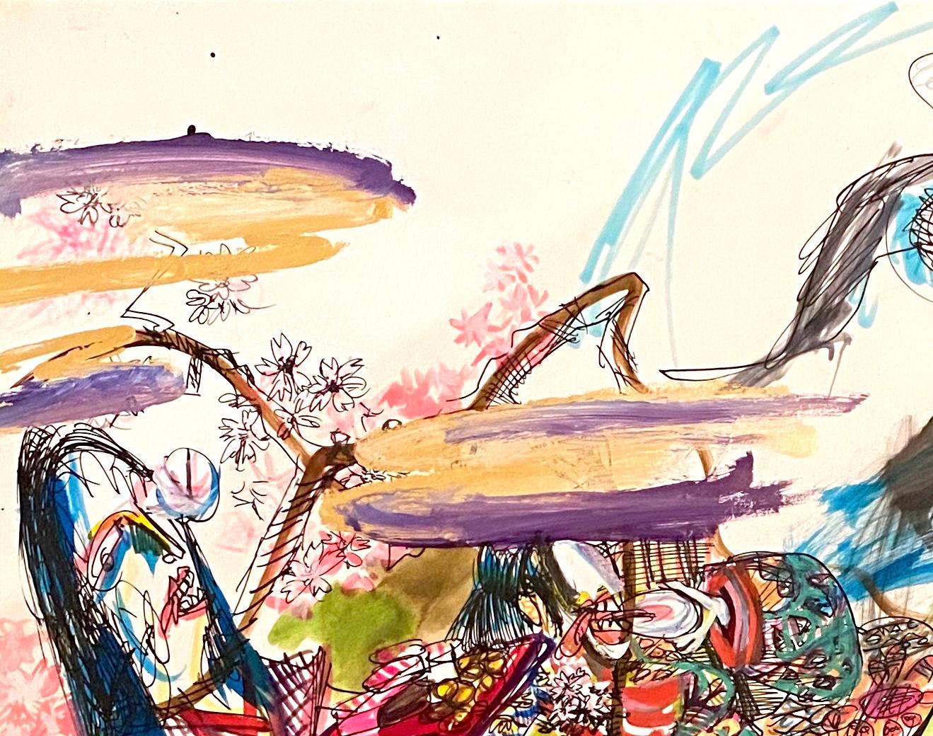Dans cette œuvre mixte sur papier, la représentation hautement expressive de la forme et de la figure par Ushio Shinohara, à travers l'utilisation maniaque et effrontée du travail au trait, suggère un esprit méticuleux dans l'exécution, mais sans