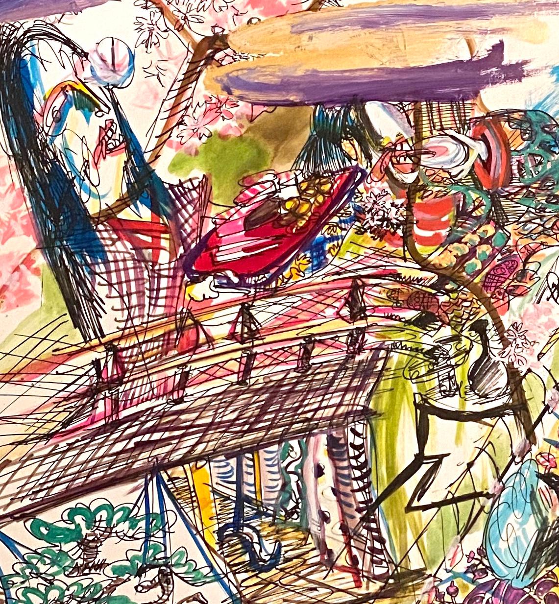« Printcess Is Welcoming a Crane », technique mixte sur papier - dessin expressif - Abstrait Art par Ushio Shinohara