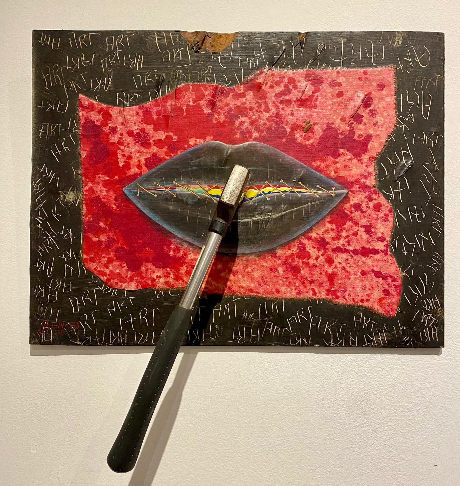 "Persistence (Mum’s the Word), " Hatchet and Acrylic on Wood Panel 