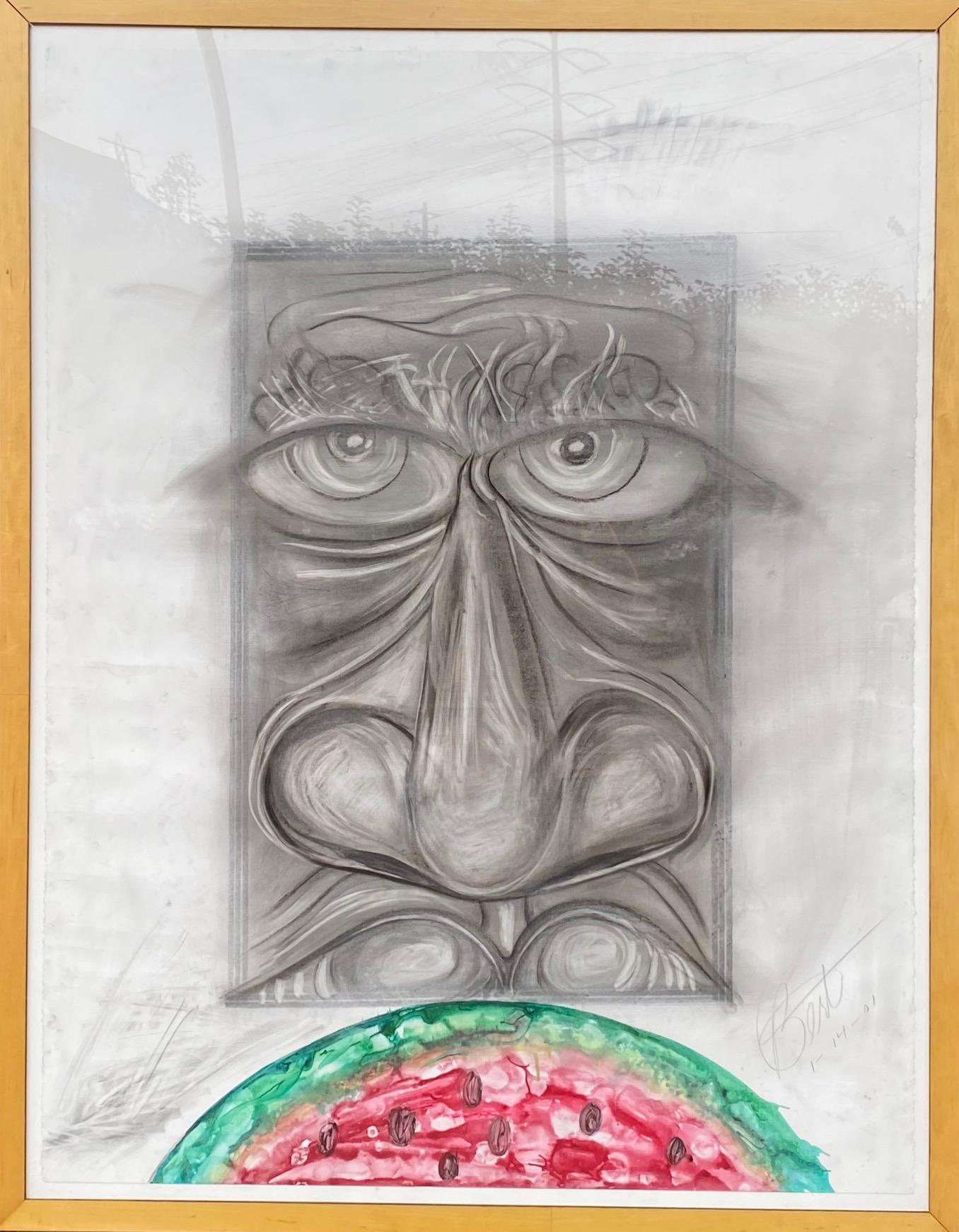 Cette œuvre porte la représentation achromatique frappante d'un visage, contrastée par une section vibrante et colorée de pastèque. La simplicité et la légèreté de la pastèque contribuent à compenser le caractère émouvant de la structure du visage.