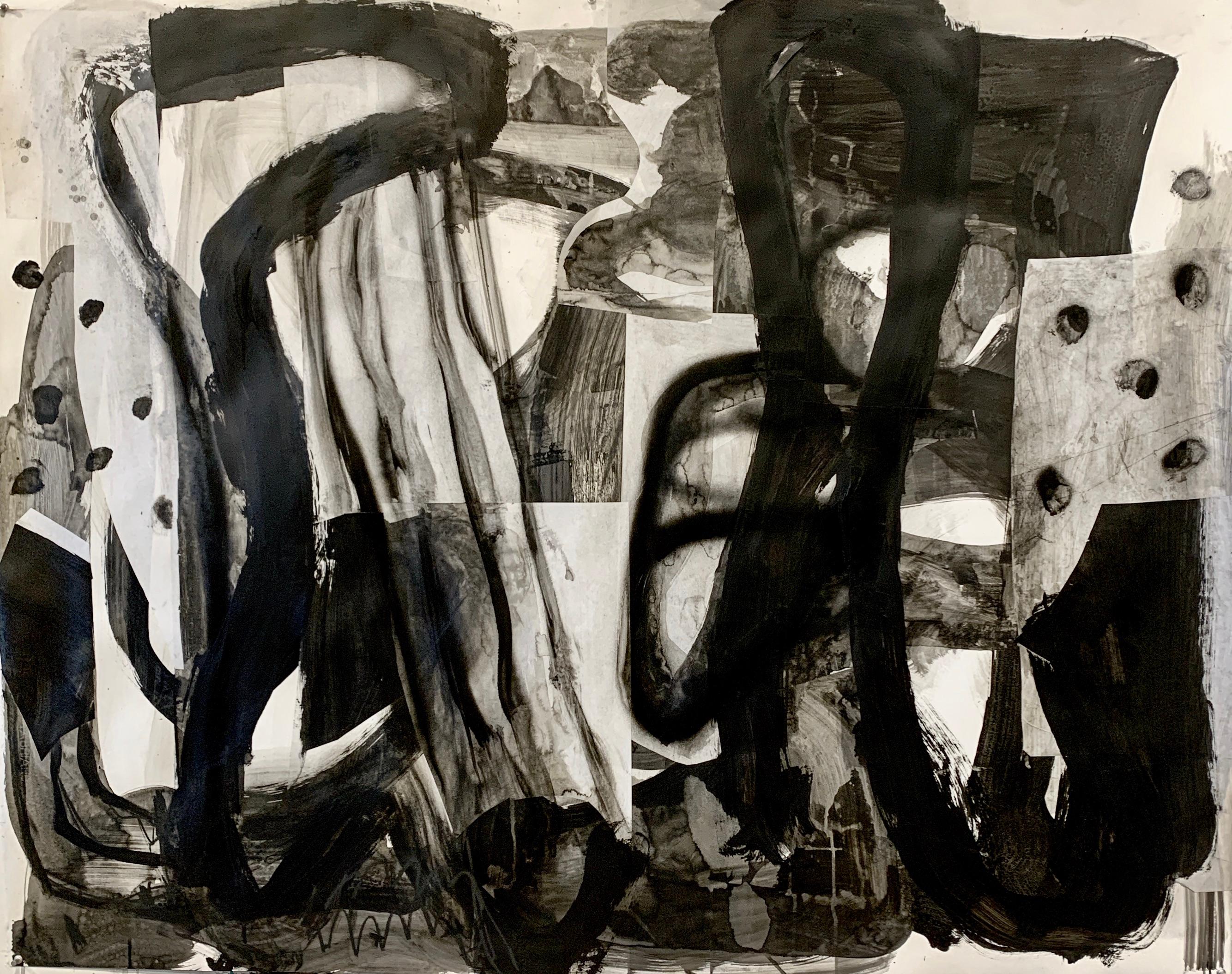 Alfredo Gisholt Abstract Painting - "Composition, " Mixed Media on Paper - Black and White Collage Painting