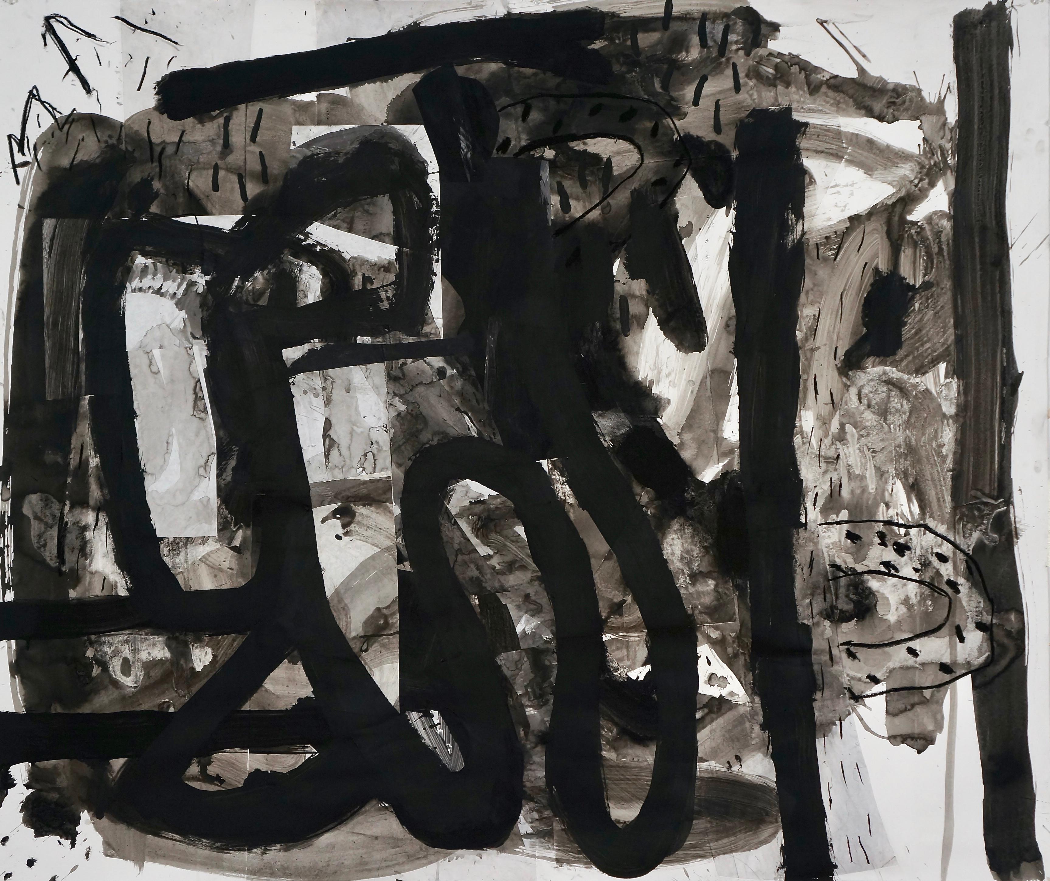 Alfredo Gisholt Abstract Painting - "Composition II, " Mixed Media on Paper - Black and White Collage Painting