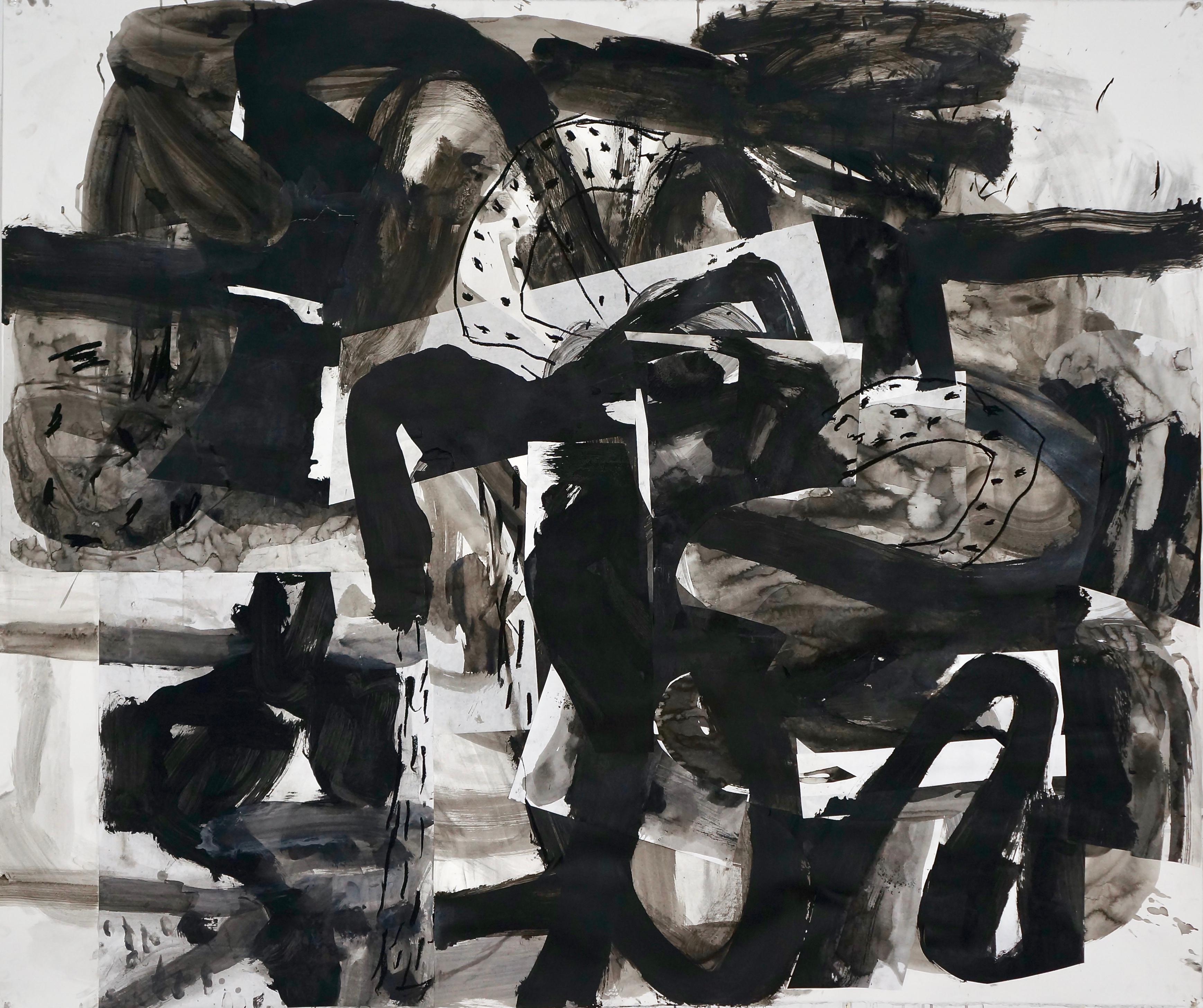 "Composition V, " Mixed Media on Paper - Black and White Collage Painting