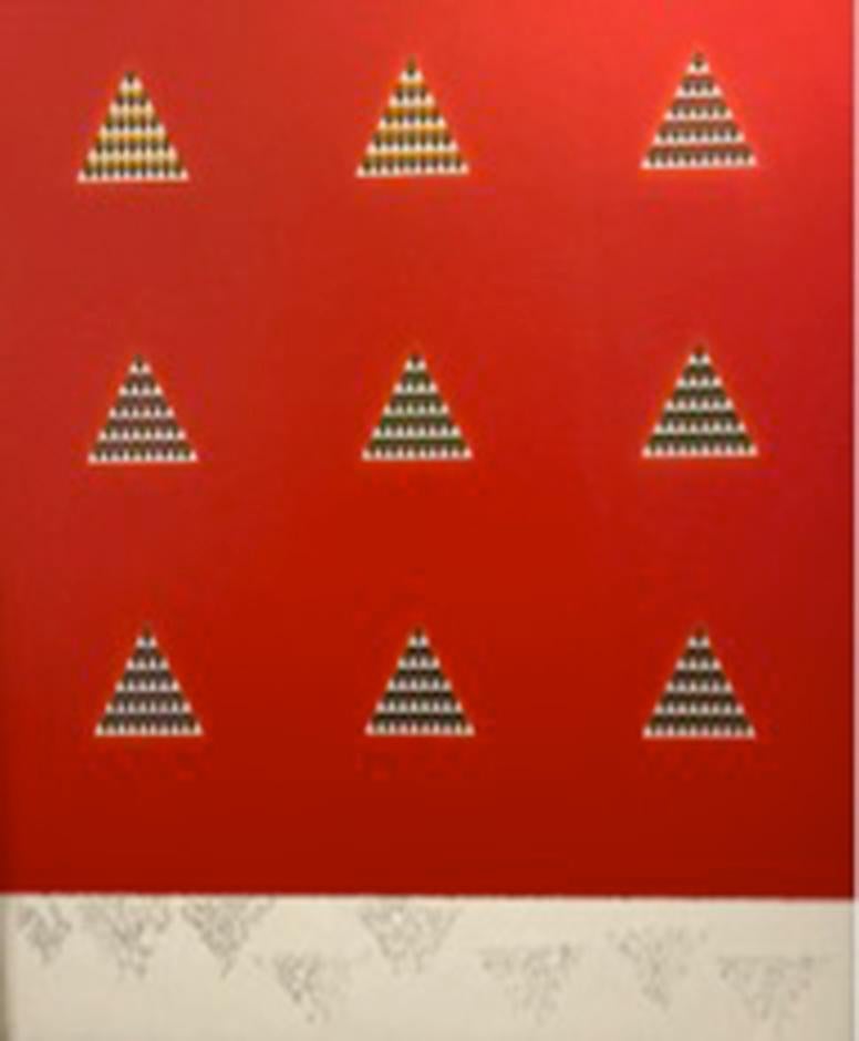 "Nove forme (rosso)", acrilico, foglia d'oro e d'argento su tela - Minimalista