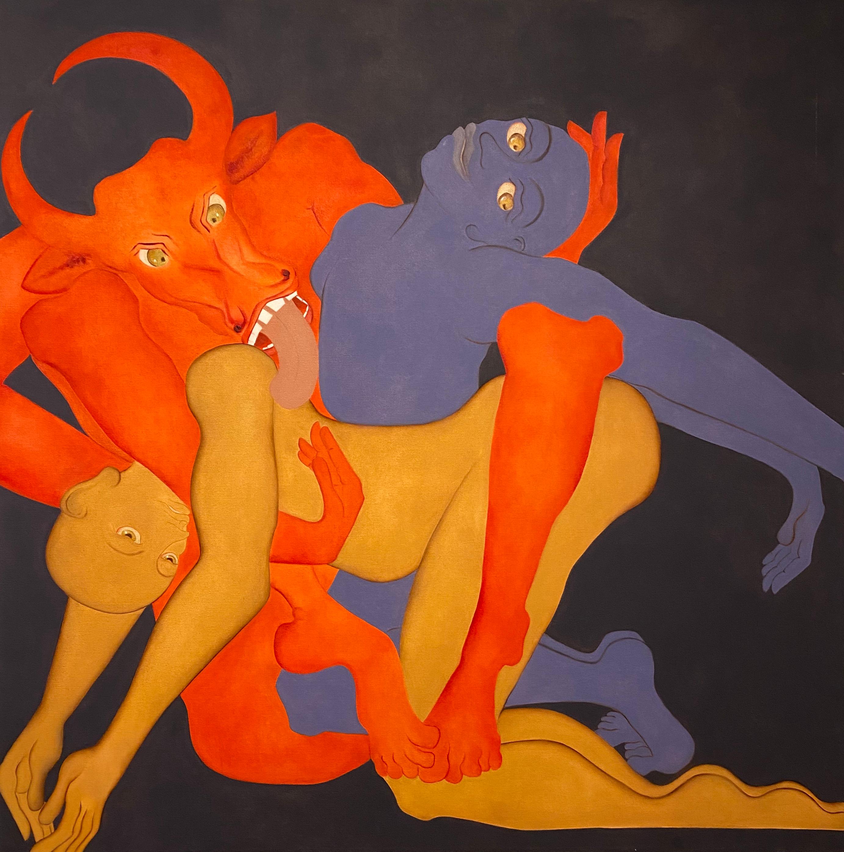 This oil on canvas painting is inspired by the Hindu Goddess  Kaamdhenu, the mother of all cows and Bhatt’s  recurring symbol of desire. The bovine figure cradles two humanistic figures – one lighter and one darker – suggesting the capacity of human