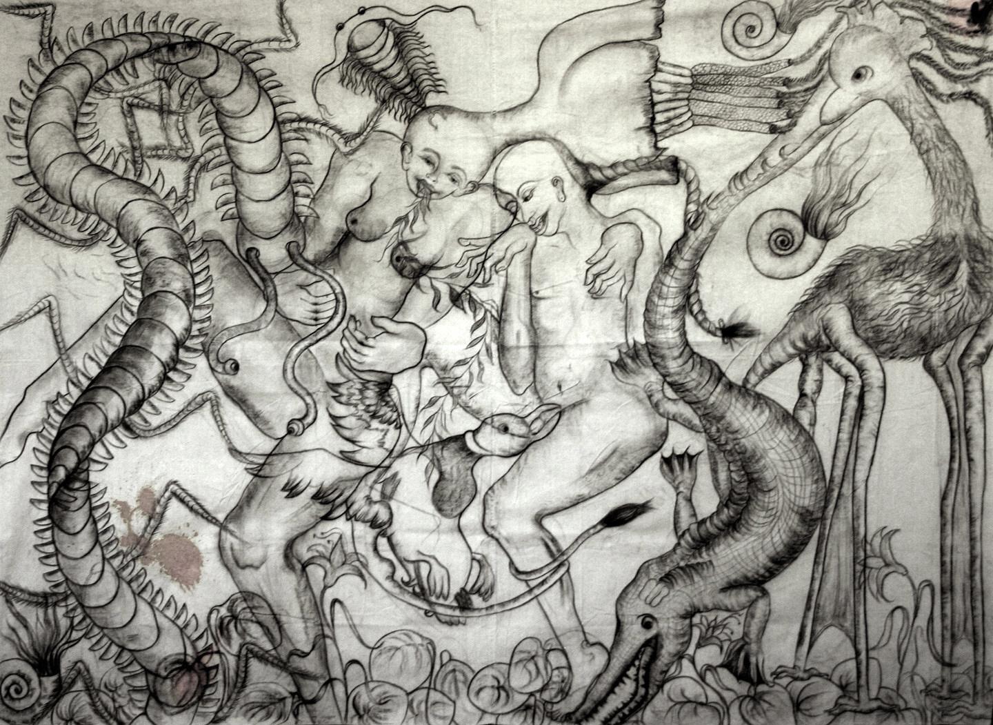 "A Fantastic Collision of the Three Worlds V, " Charcoal on Canvas  - Figurative
