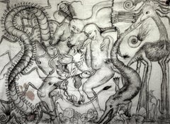 "A Fantastic Collision of the Three Worlds V," Charcoal on Canvas  - Figurative
