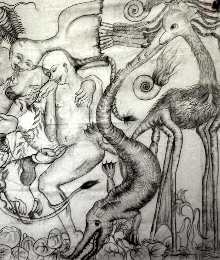 This monumental drawing on canvas is part of a series, which gives praise to mankind’s quest for wisdom and vigorous resilience. Referring chiefly to the heavens, Earth, and the Underworld, the “Three Worlds” that we inhabit are in constant contact.