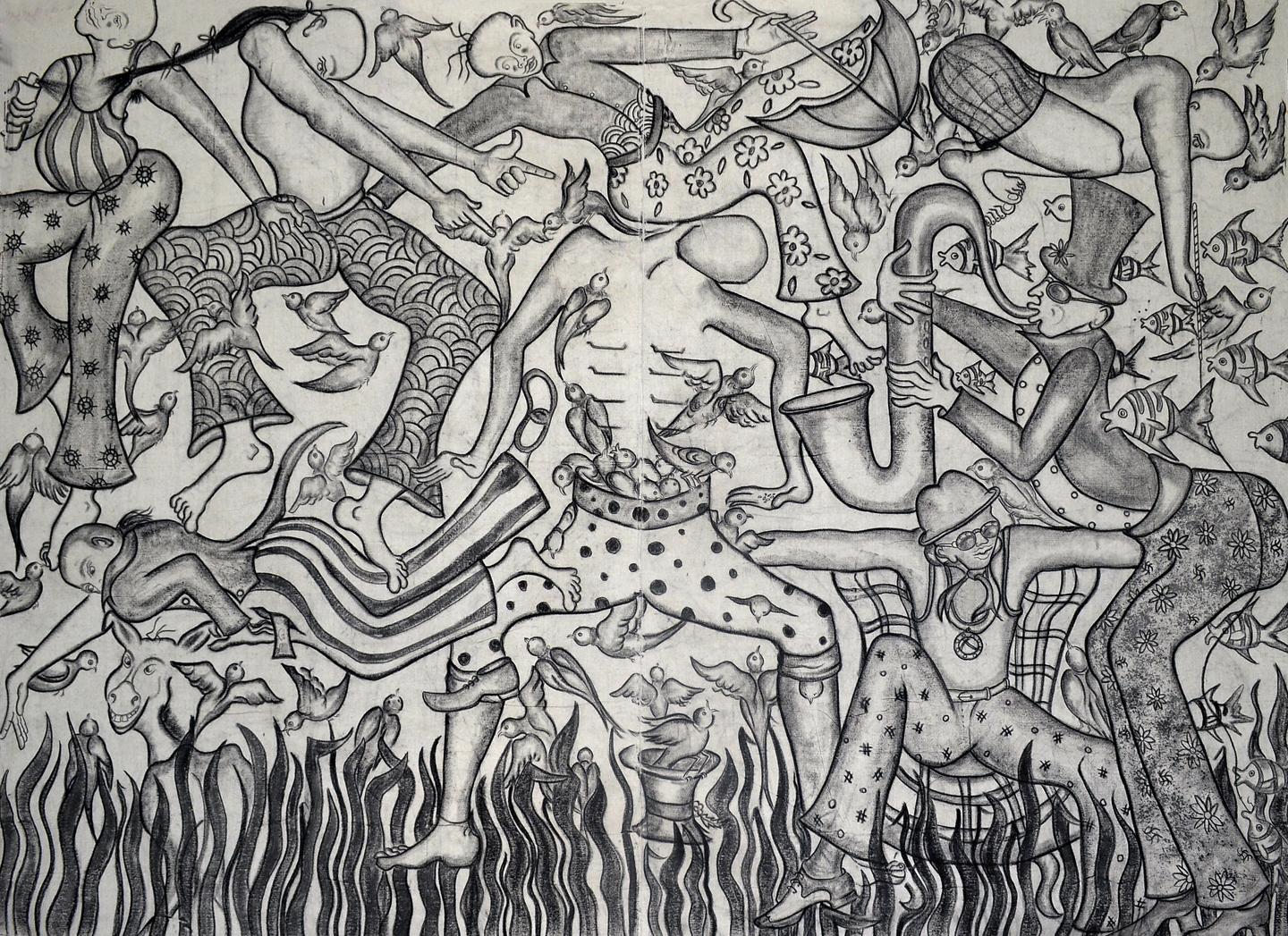 "Una fantastica collisione tra i tre mondi  XVII, " - Disegno figurativo astratto
