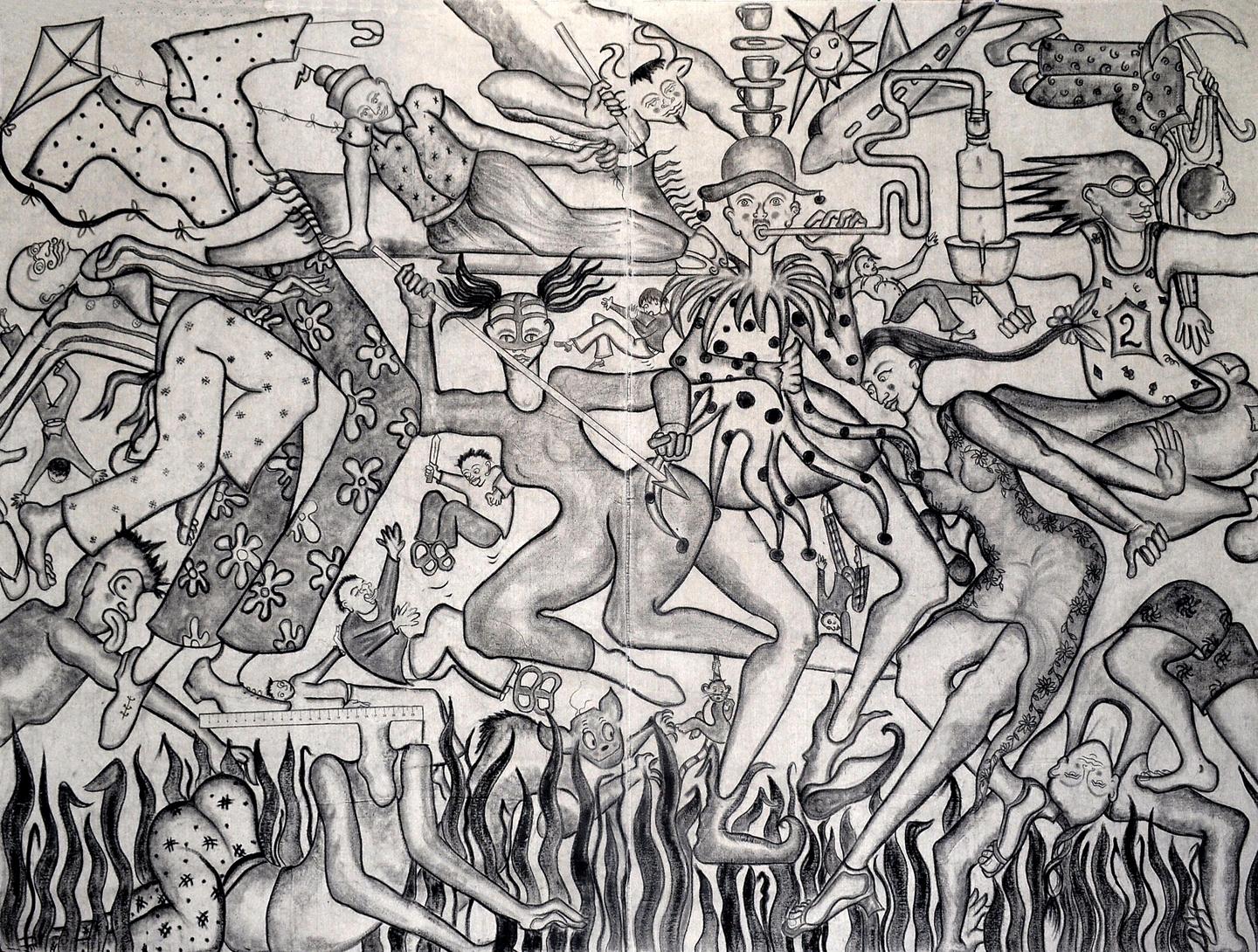„A Fantastic Collision of the Three Worlds XX“ – Abstrakte figurative Zeichnung