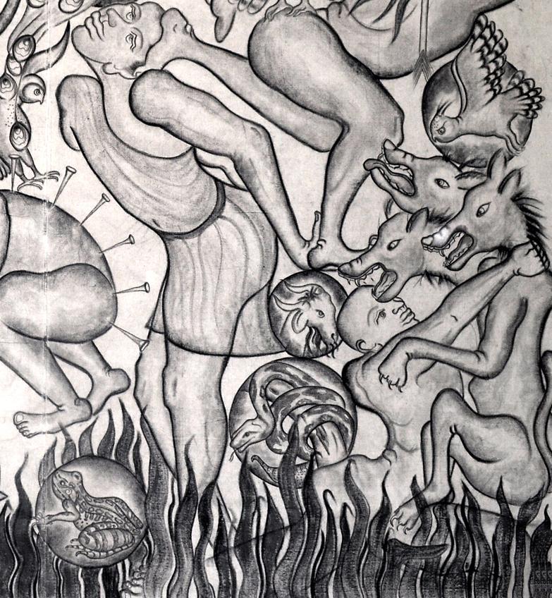 Questo monumentale disegno su tela fa parte di una serie che elogia la ricerca della saggezza e la vigorosa resilienza dell'uomo. Riferendosi principalmente ai cieli, alla Terra e agli Inferi, i 