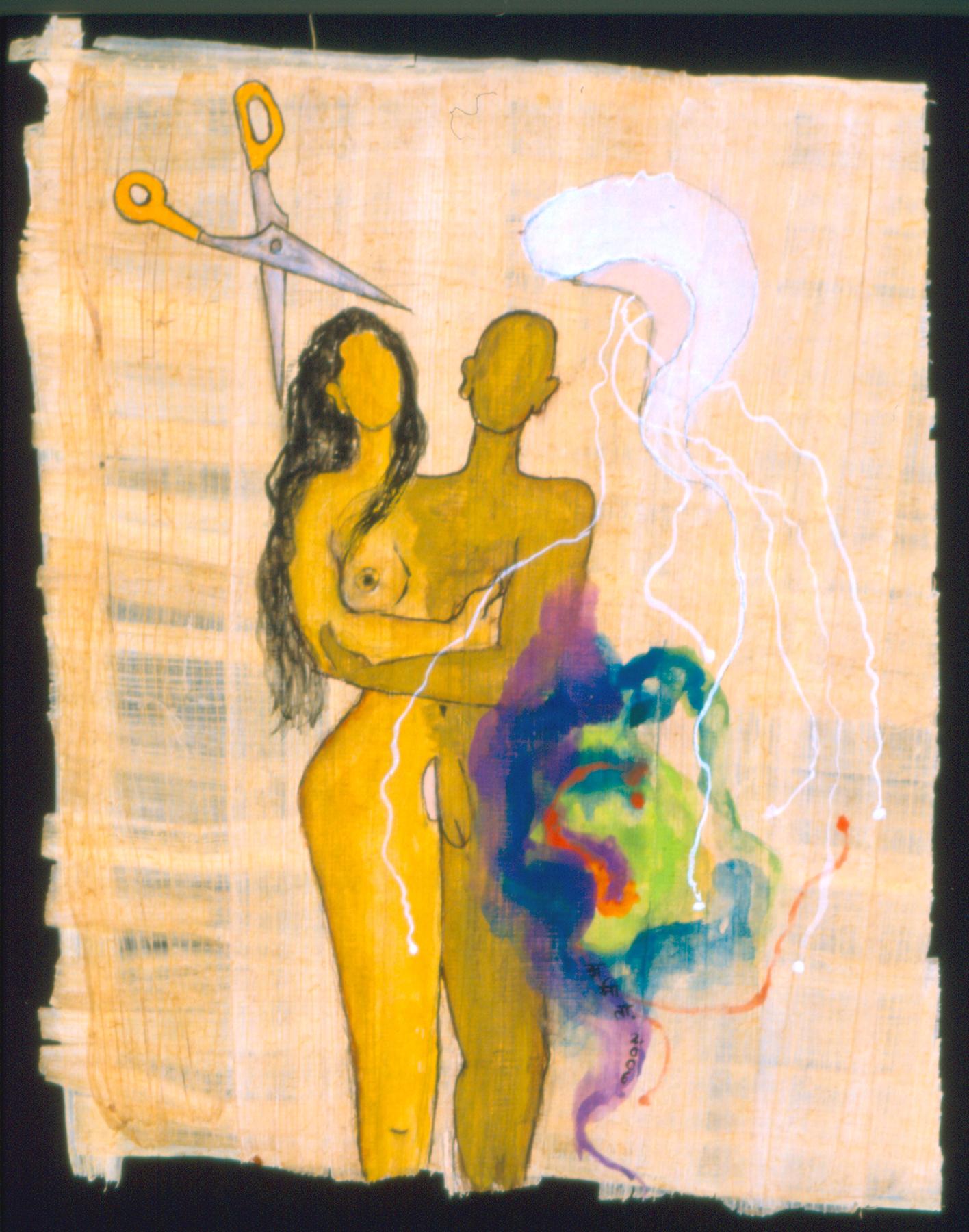 "Untitled, " Watercolor on Papyrus, Figurative Drawing, Symbolist Art, Indian Art