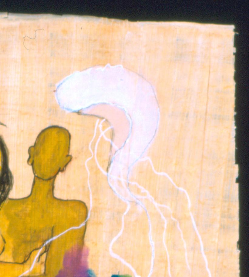 Questo acquerello su papiro fa parte di una serie di cinque opere dipinte su papiro. Qui Bhatt utilizza  il simbolo ricorrente del feto per simboleggiare la speranza, i nuovi inizi e la rigenerazione.

Amita Bhatt ha conseguito il BFA presso la
