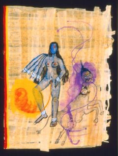 „Ohne Titel“, „Aquarell auf Papyrus, figurative Zeichnung, symbolistische Kunst, indische Kunst