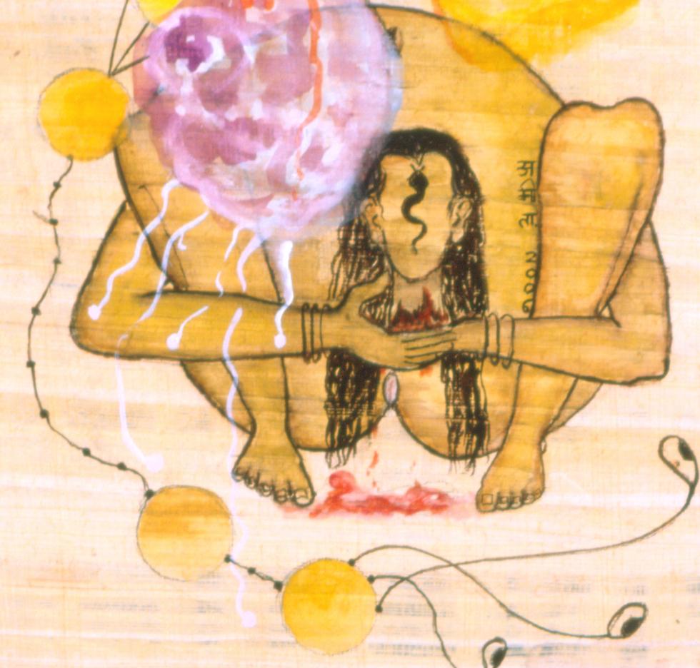 This Watercolor on papyrus painting is one in a series of five watercolor works painted on papyrus. Here, Bhatt uses  the recurring symbol of the fetus to symbolize hope, new beginnings, and regeneration.

Amita Bhatt received her BFA from the