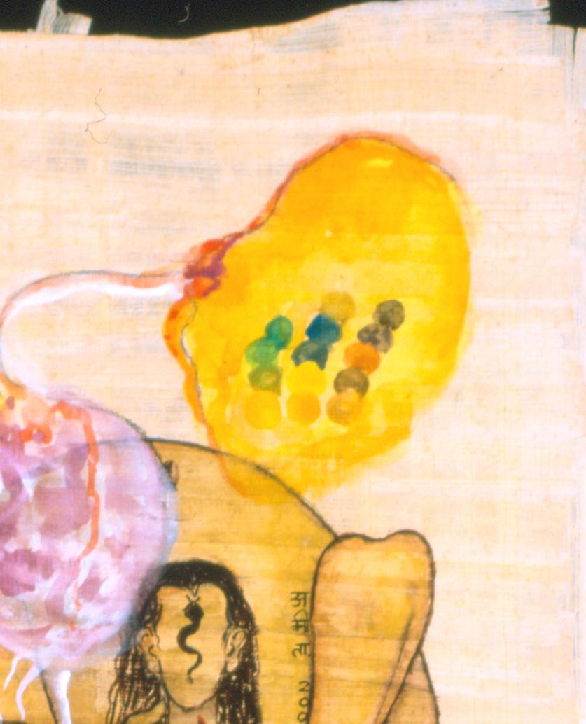 Questo acquerello su papiro fa parte di una serie di cinque opere dipinte su papiro. Qui Bhatt utilizza  il simbolo ricorrente del feto per simboleggiare la speranza, i nuovi inizi e la rigenerazione.

Amita Bhatt ha conseguito il BFA presso la