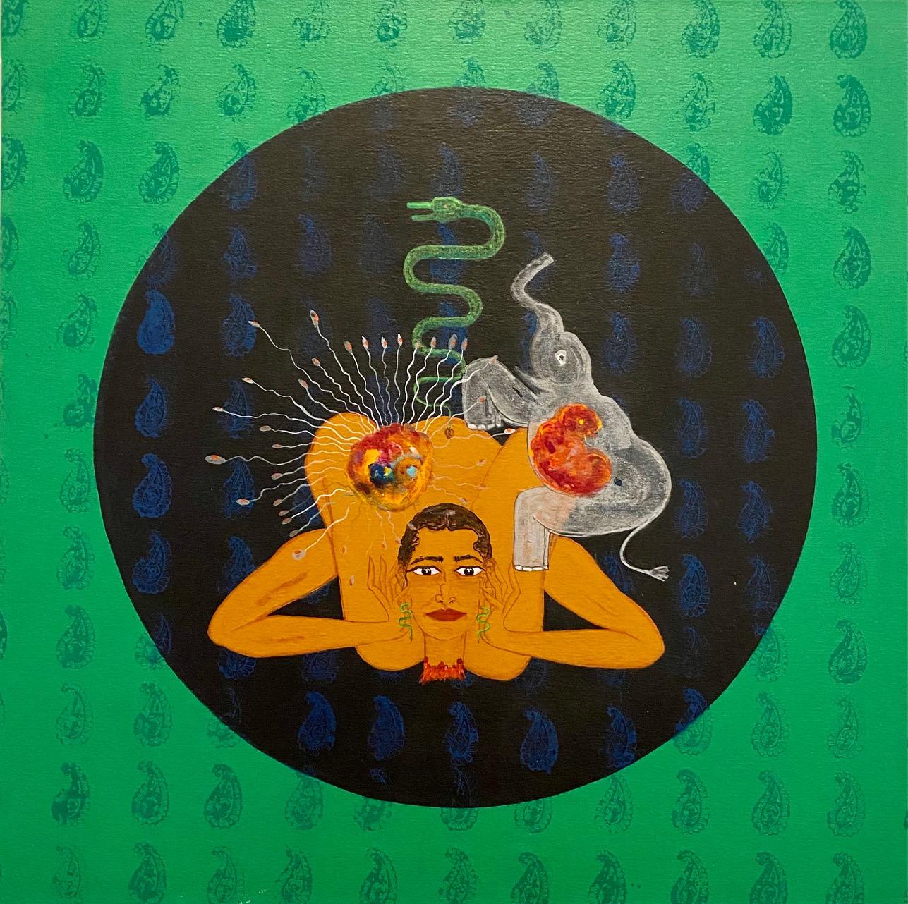 „Tanzend inmitten der Toten“, Graphit und Acryl auf Leinwand, Symbolik, indische Kunst