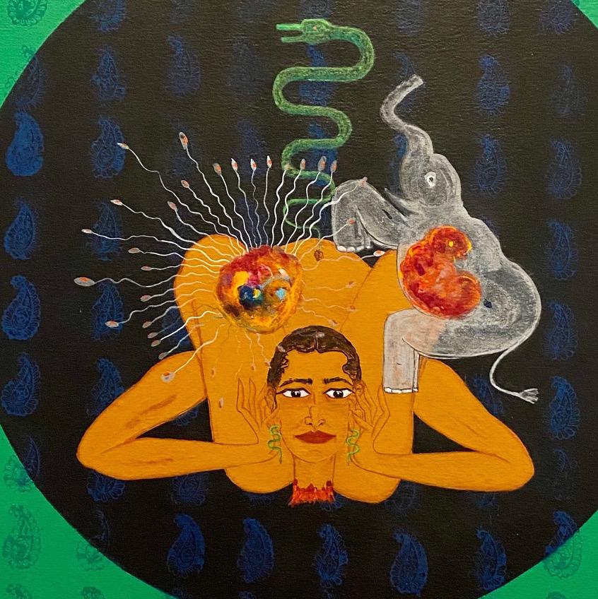 „Tanzend inmitten der Toten“, Graphit und Acryl auf Leinwand, Symbolik, indische Kunst (Symbolismus), Painting, von Amita Bhatt