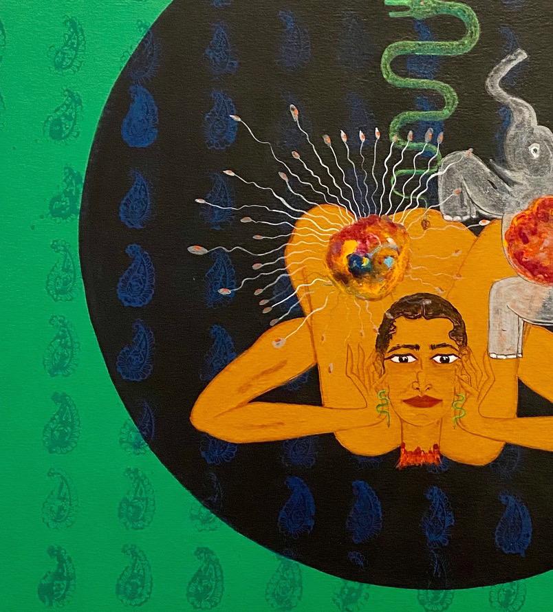 „Tanzend inmitten der Toten“, Graphit und Acryl auf Leinwand, Symbolik, indische Kunst (Grün), Abstract Painting, von Amita Bhatt